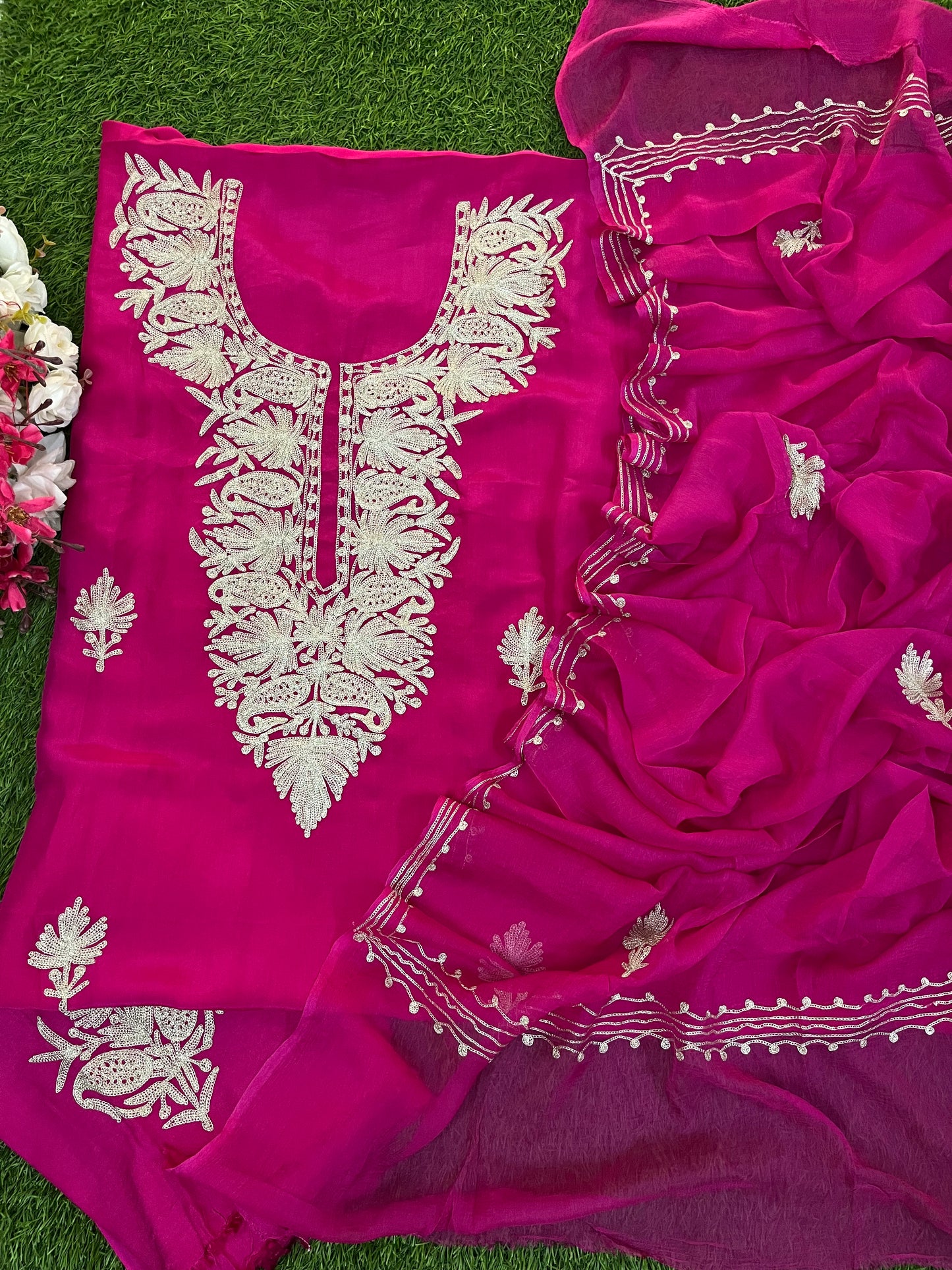 Hot Pink Silk Tilla Kashmiri Suit