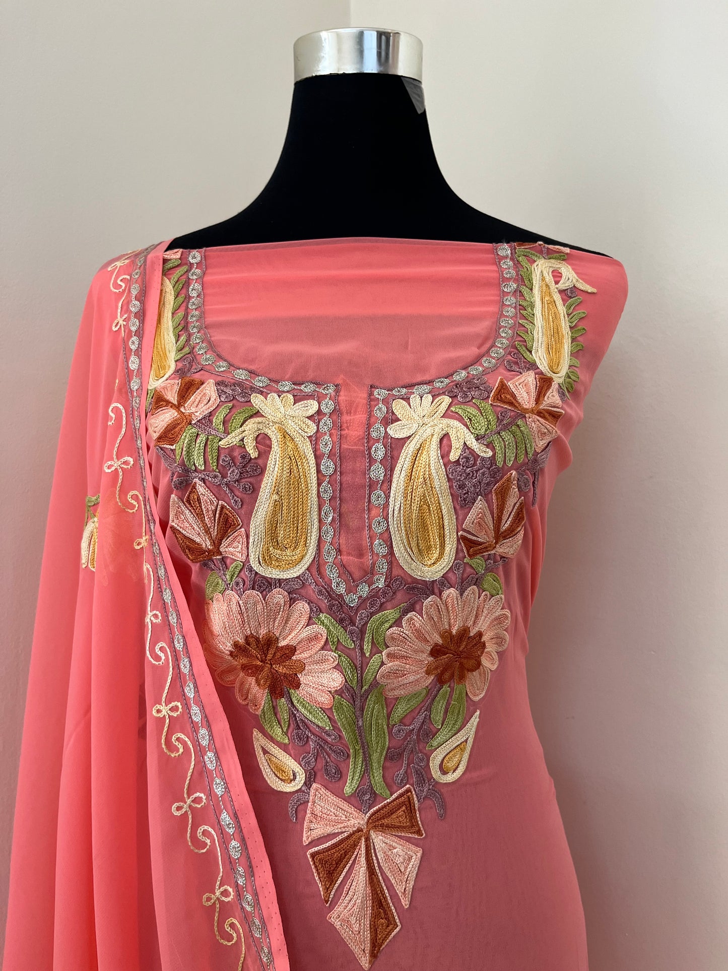 Peach Georgette Shirt and Dupatta Aari Embroidered Suit