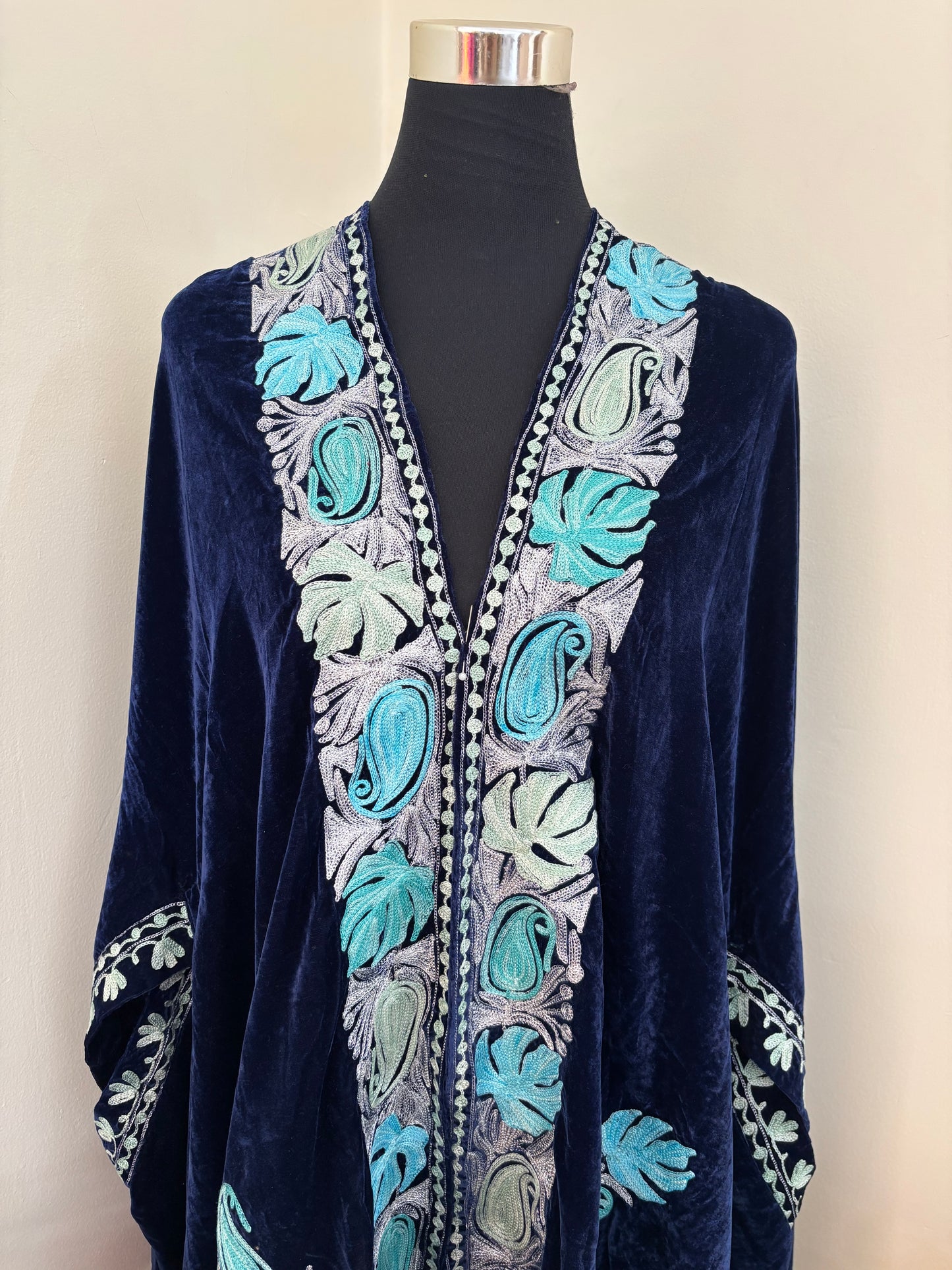 Blue Aari Embroidered Velvet Cape