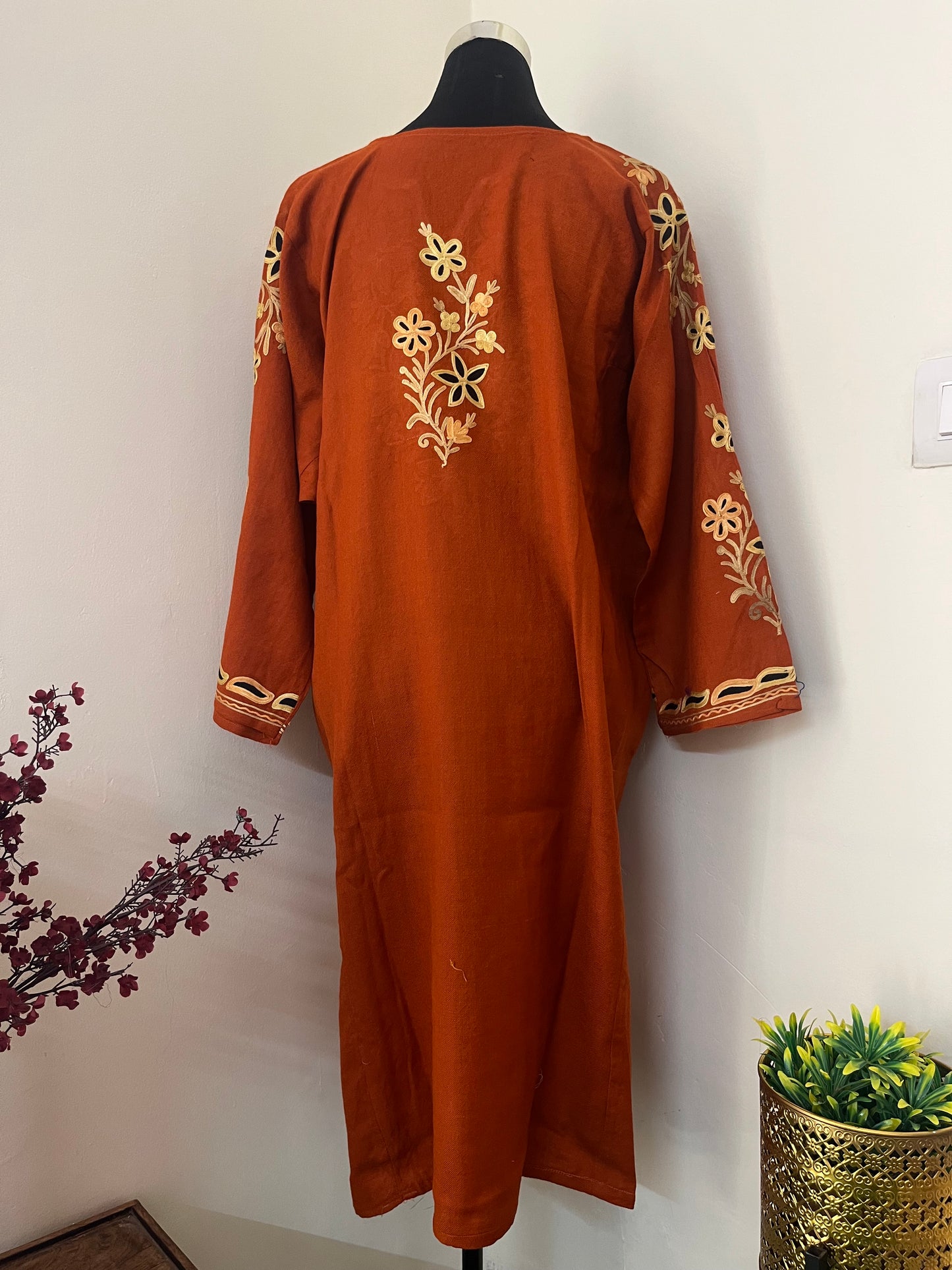 Rust Orange Aari Embroidered Wool Pheran