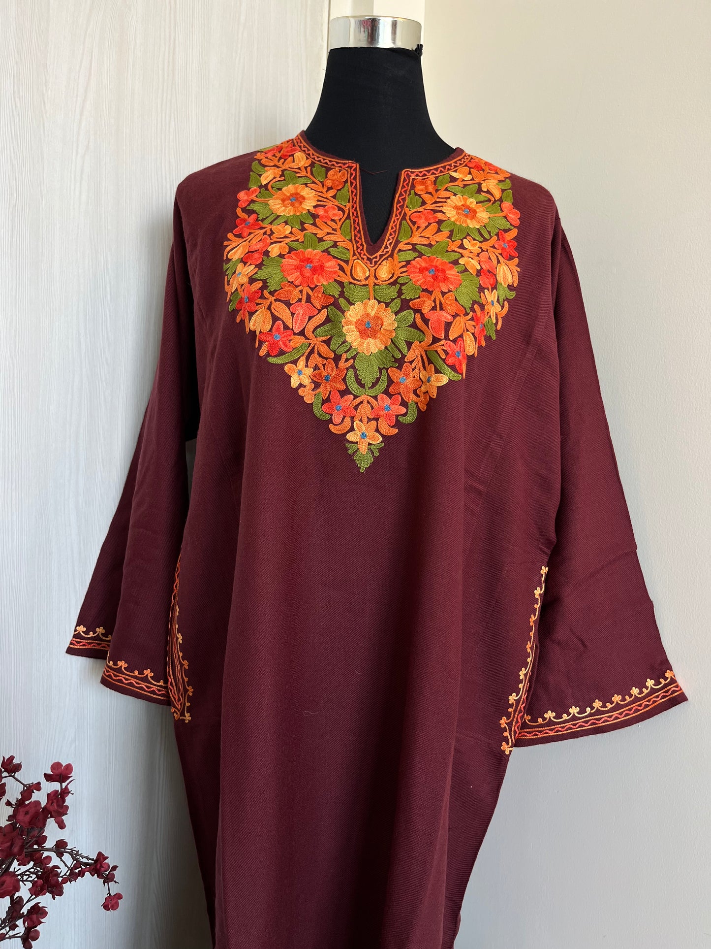 Reddish Brown Aari Embroidered Wool Pheran