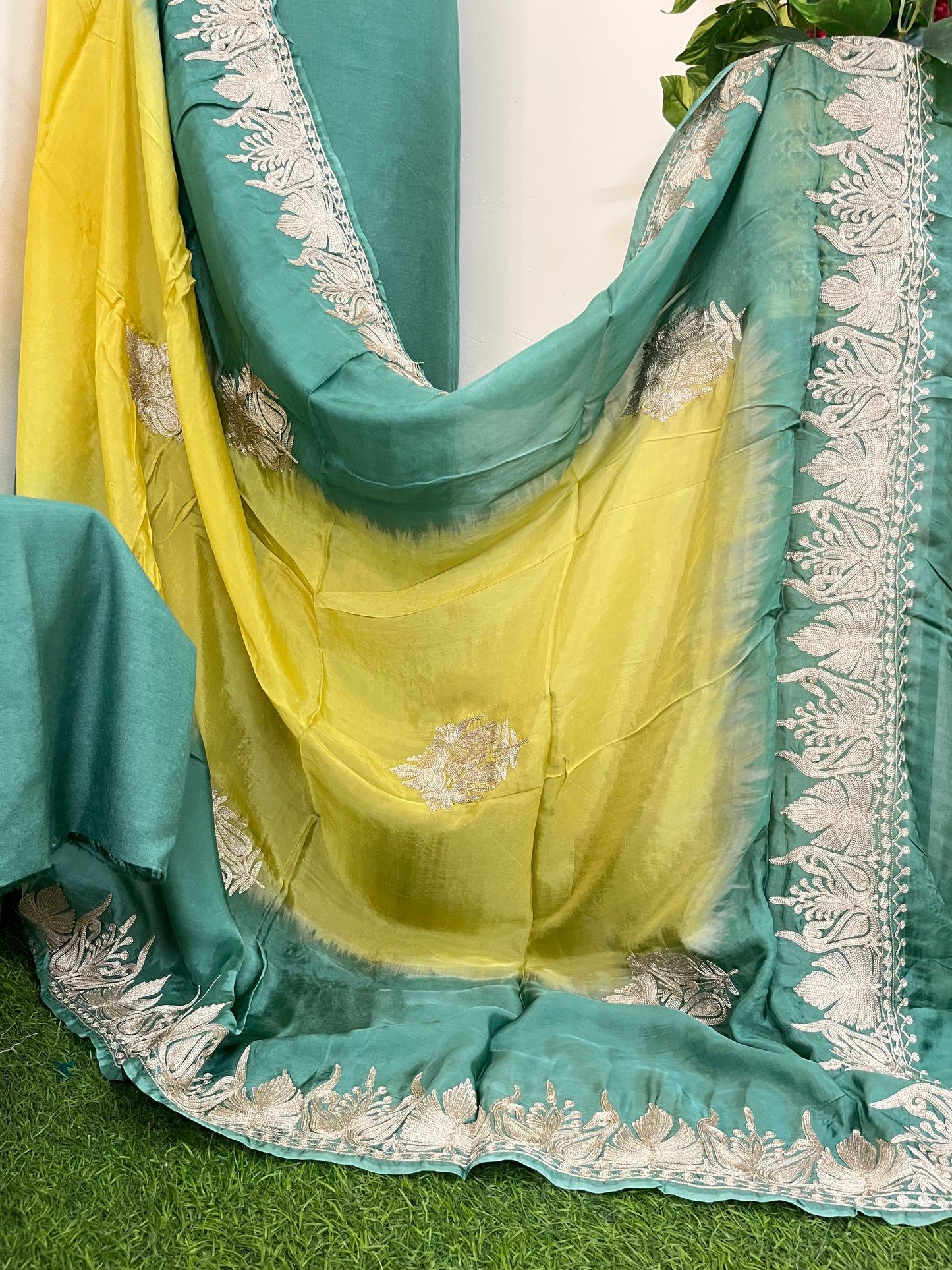 Sanam Pastel Green Silk Kashmiri Suit