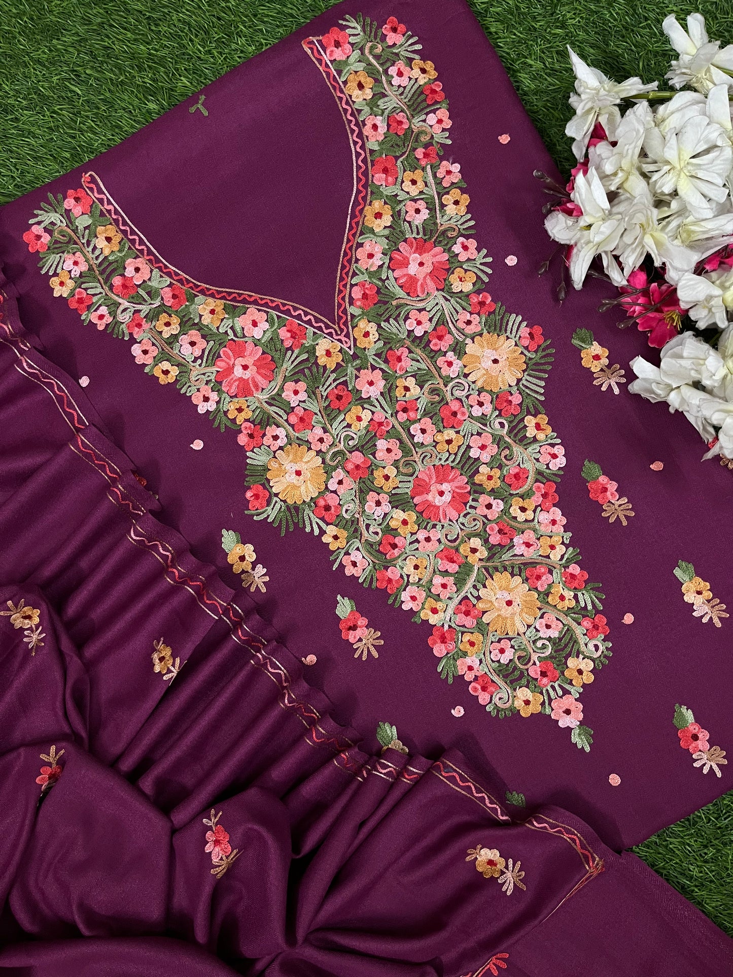 Wine Woollen Aari Embroidered 3pc suit
