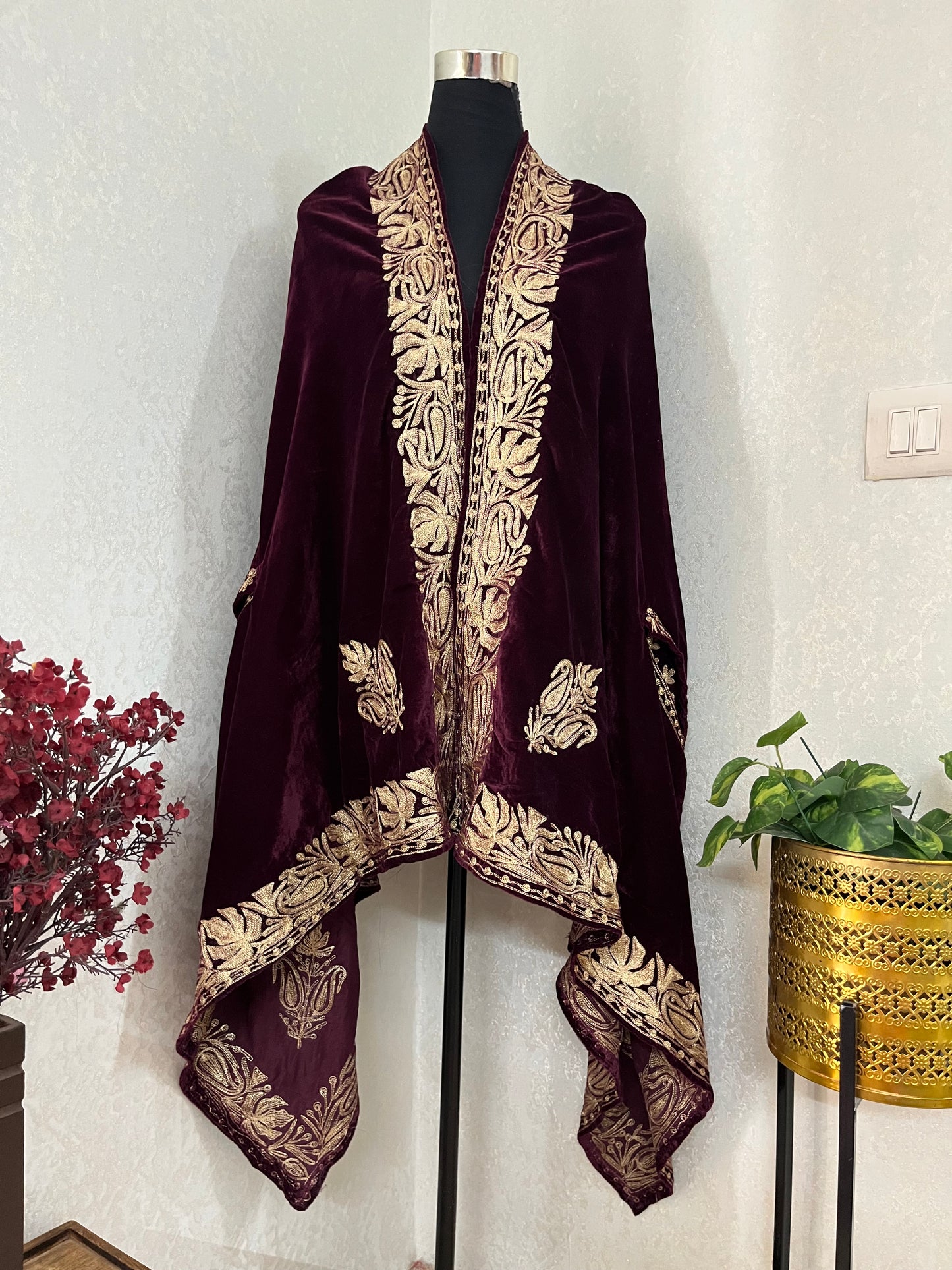 Wine Tilla Embroidered Velvet Cape