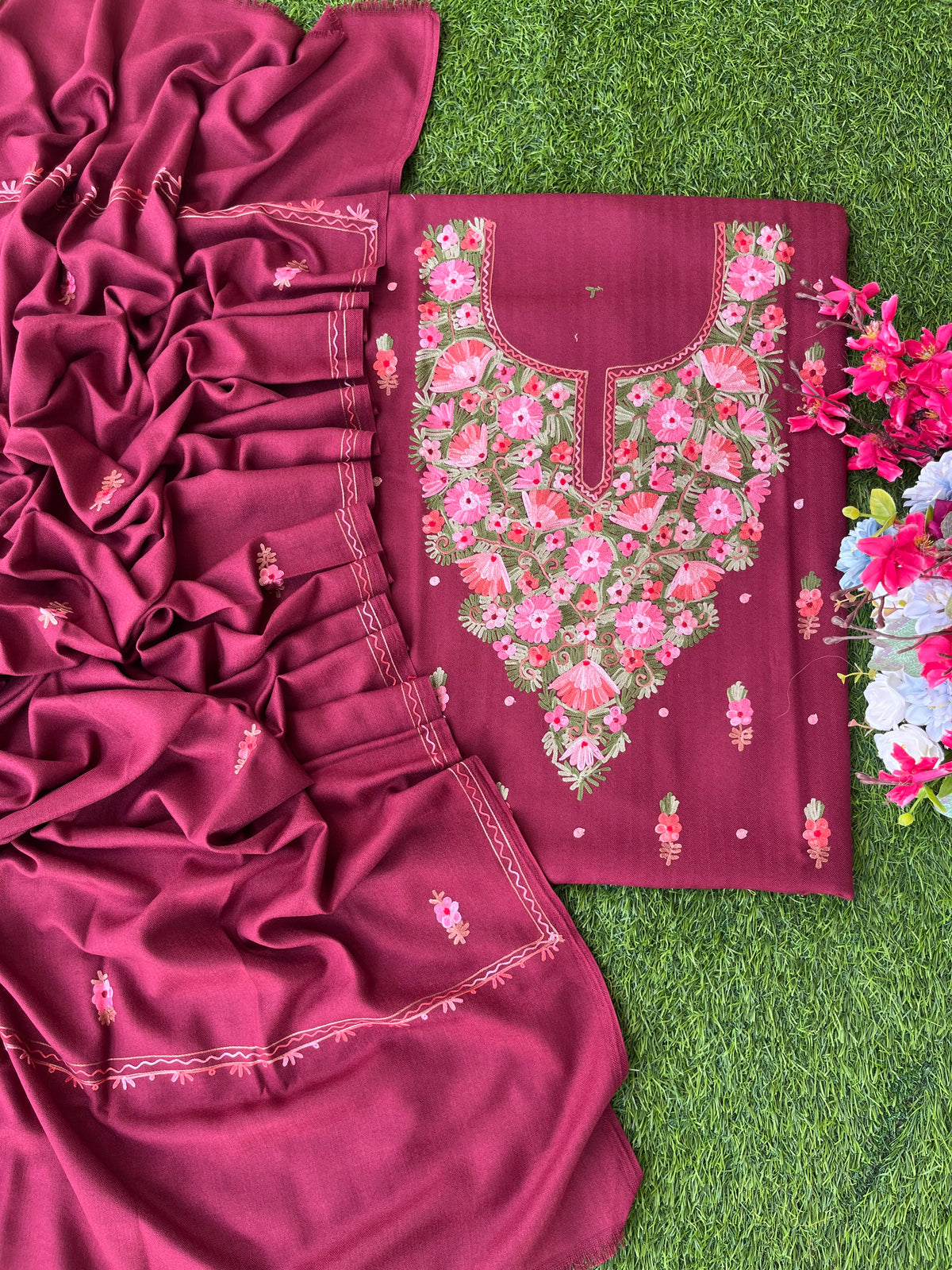 Maroon Woollen Aari Embroidered 3pc suit