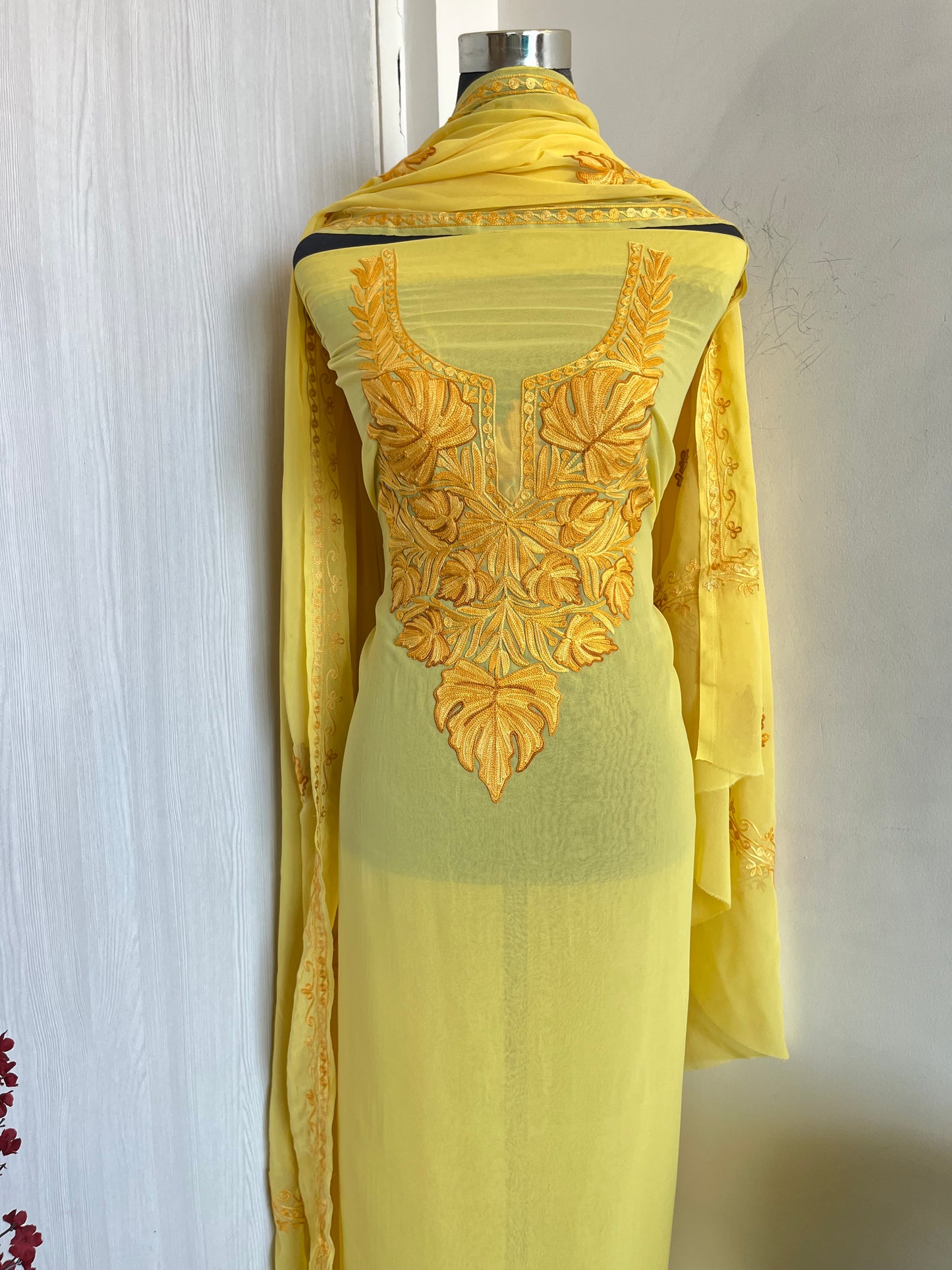 Georgette Yellow 3 Pc Aari Embroidered Suit Set