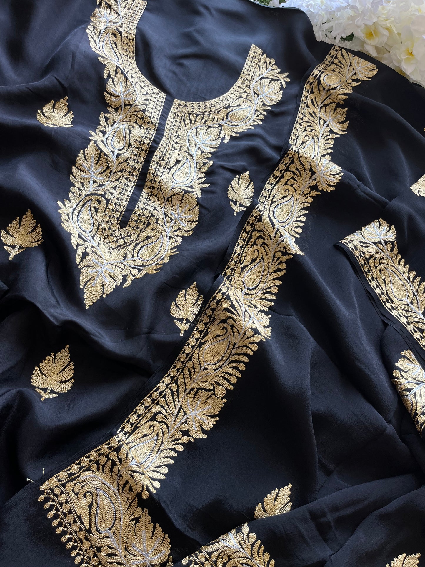 ‘Kalaa’ Black Opada Silk Tilla Embroidered Suit material (on Order)