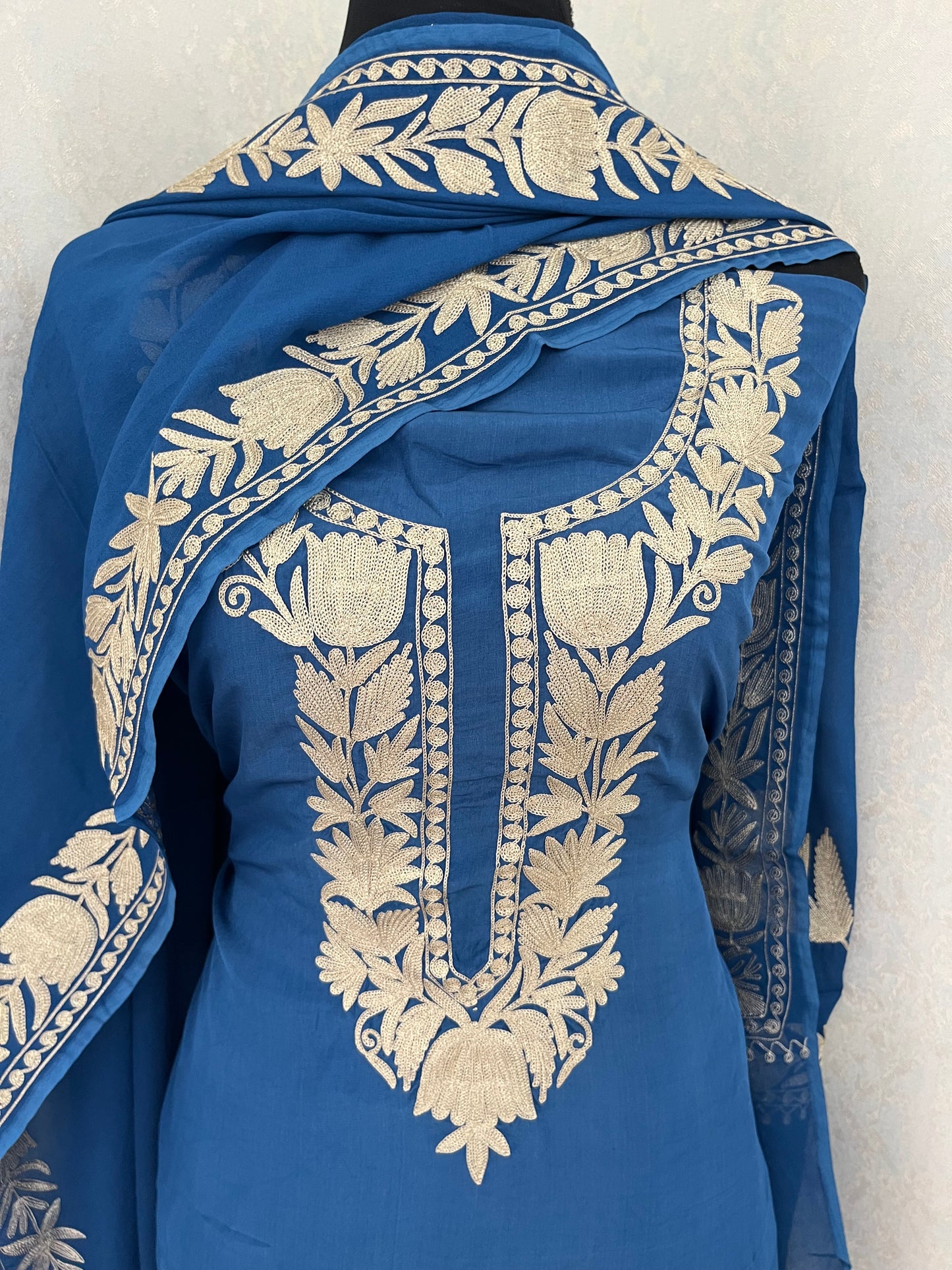Blue Kalaa’ Crape Kashmiri Suit (Aari Sleeves)
