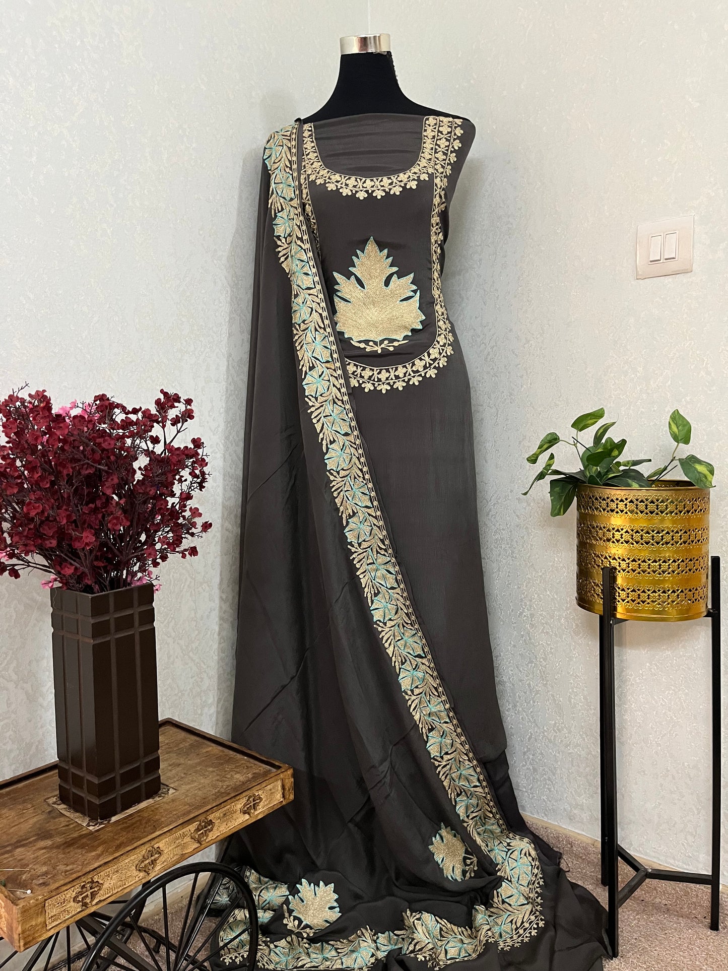 Grey Chinon 3 Pc Aari Embroidered Suit