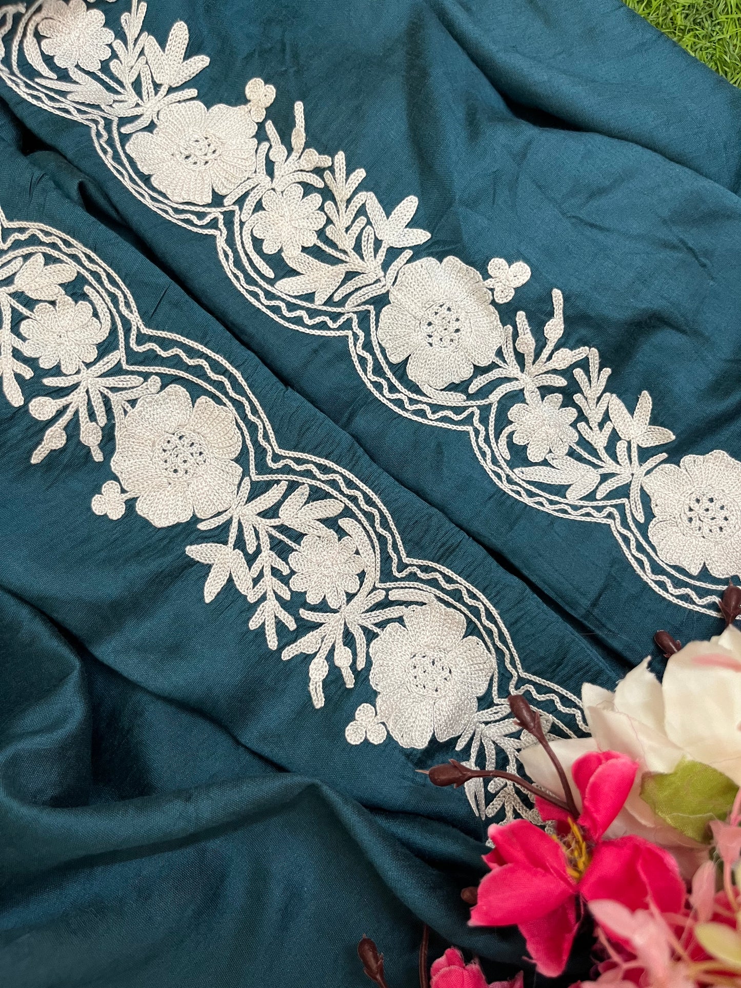 Teal Blue Chanderi Silk Kashmiri Suit