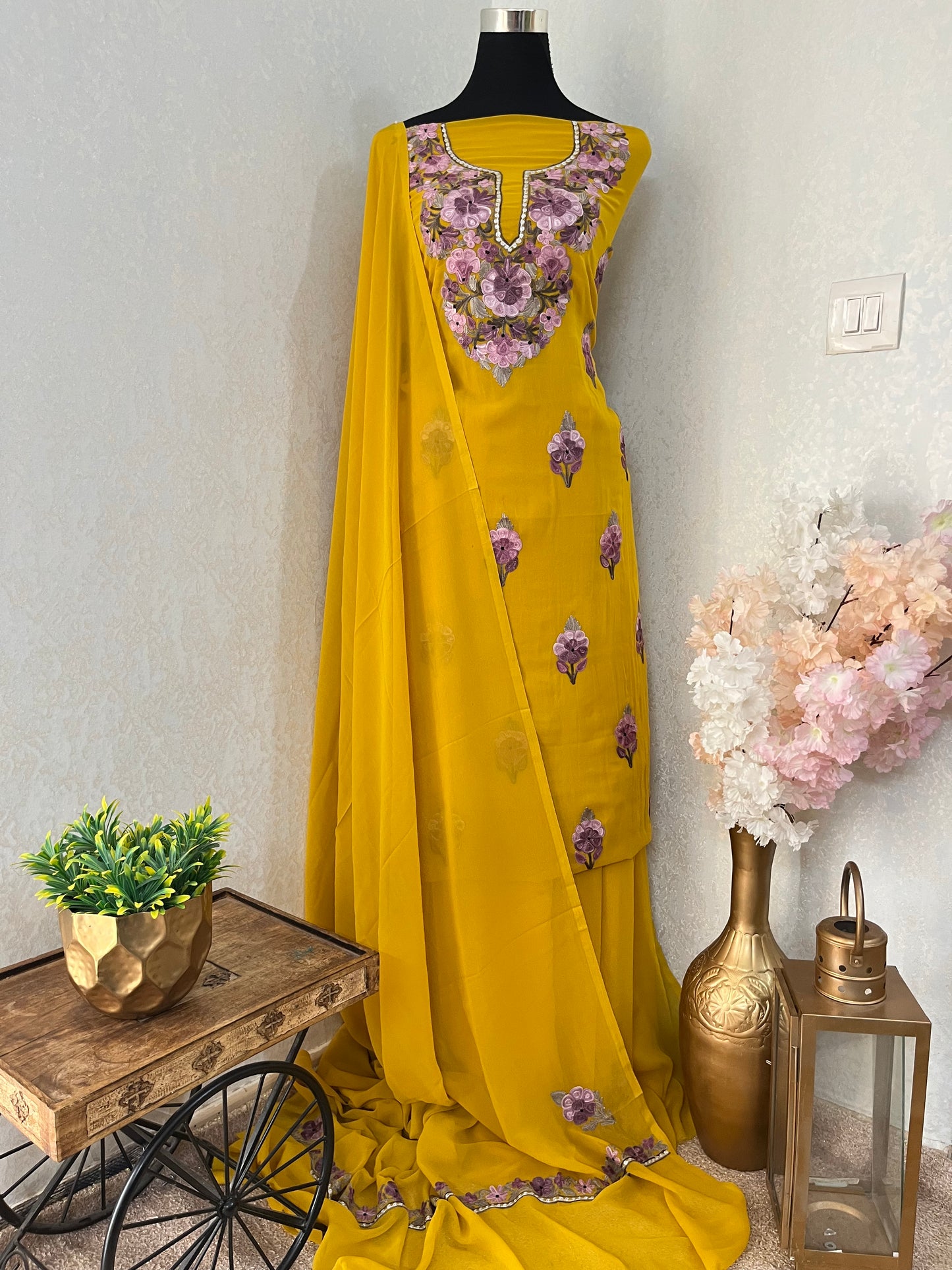 Golden Yellow Georgette 3Pc Kashmiri Suit