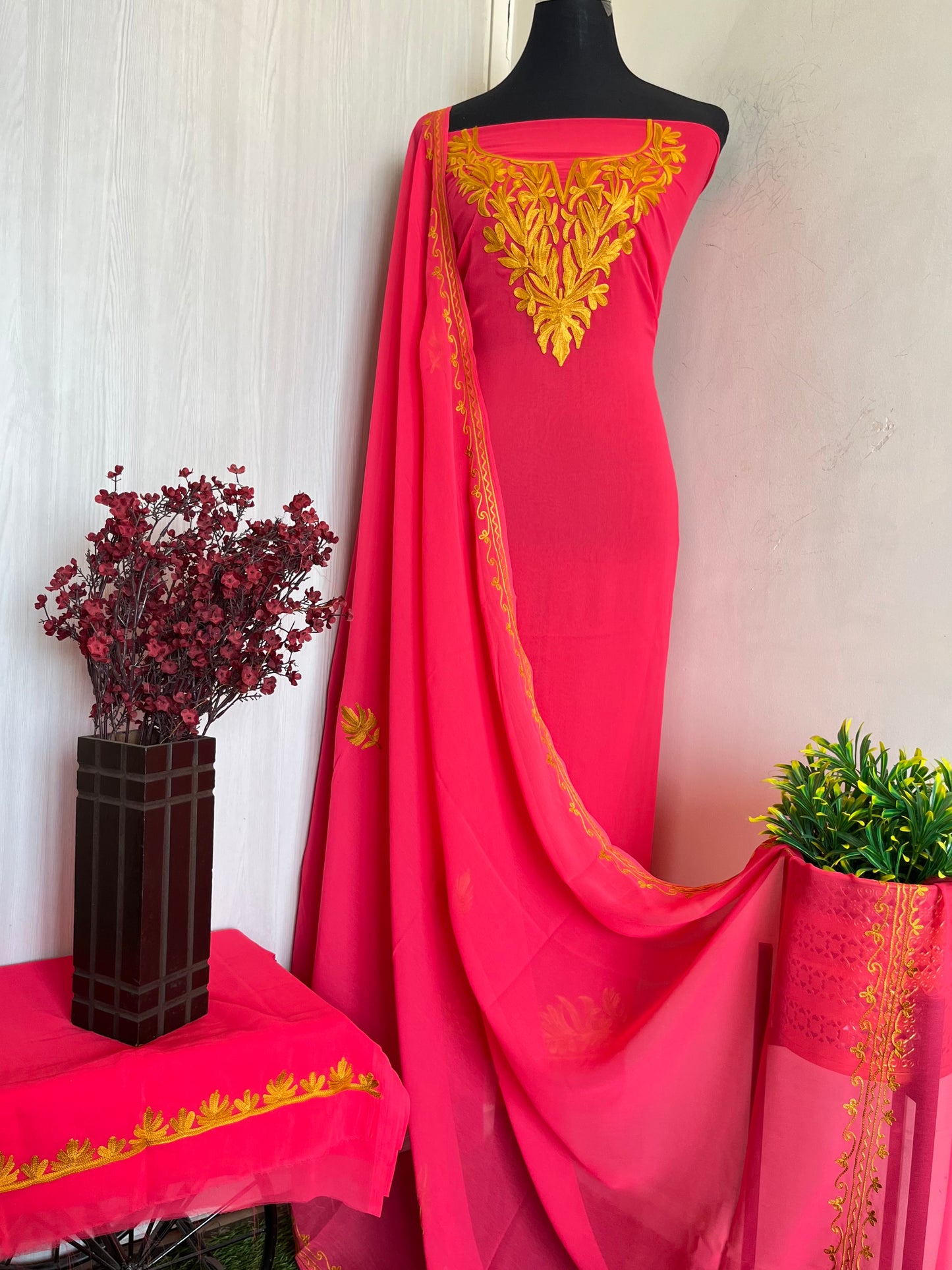 Georgette Pink 3 Pc Aari Embroidered Suit Set