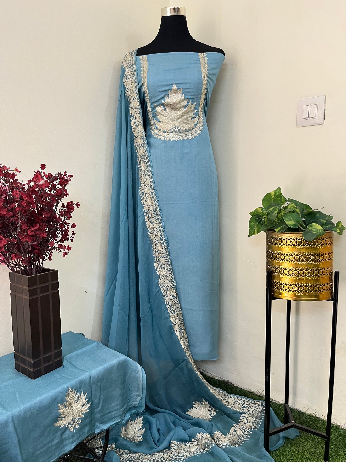 Sanam’  Pastel Blue Tilla Embroidered Suit material