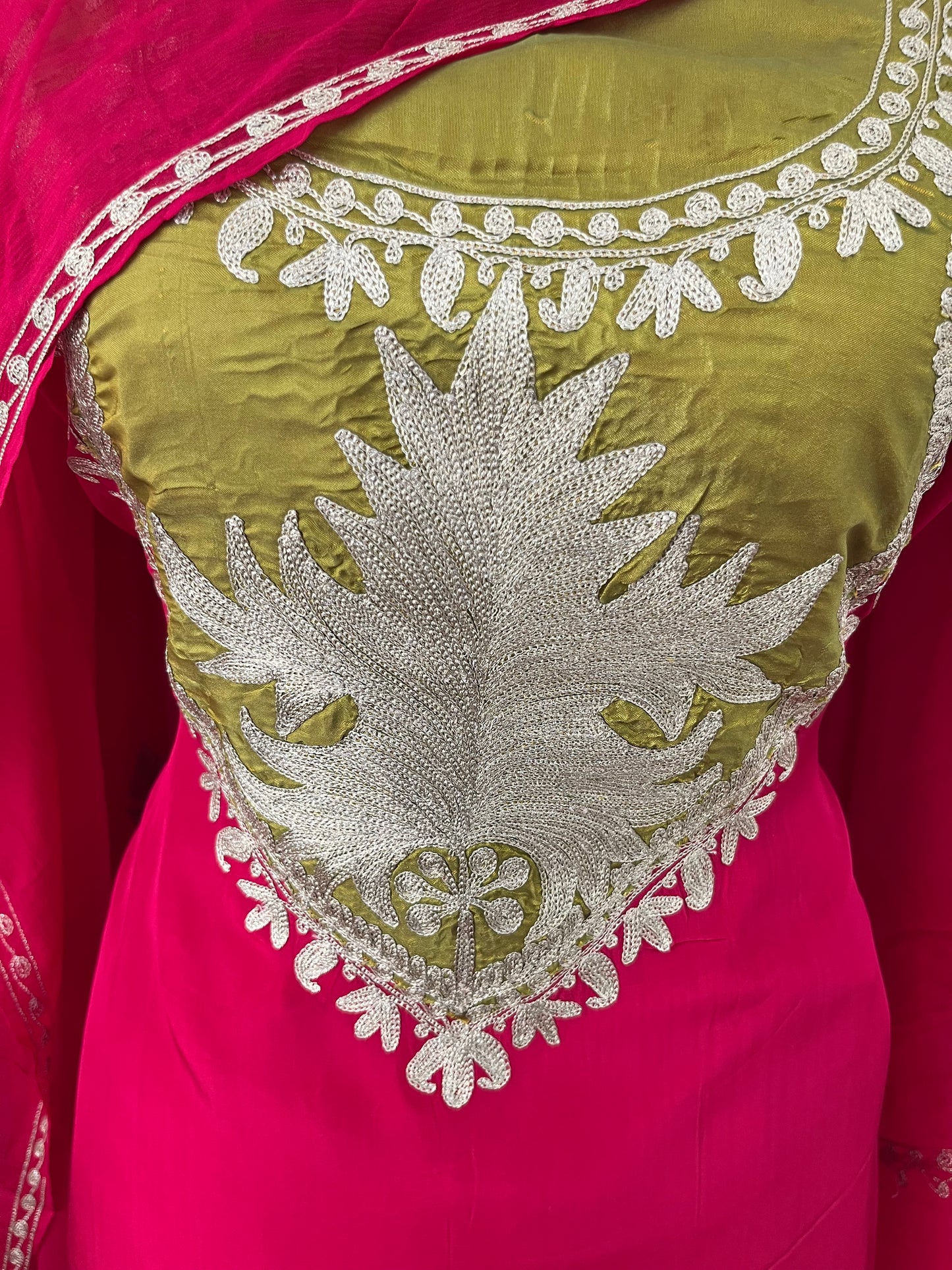 Fuchsia Pink Crape Kashmiri Suit with Clutch