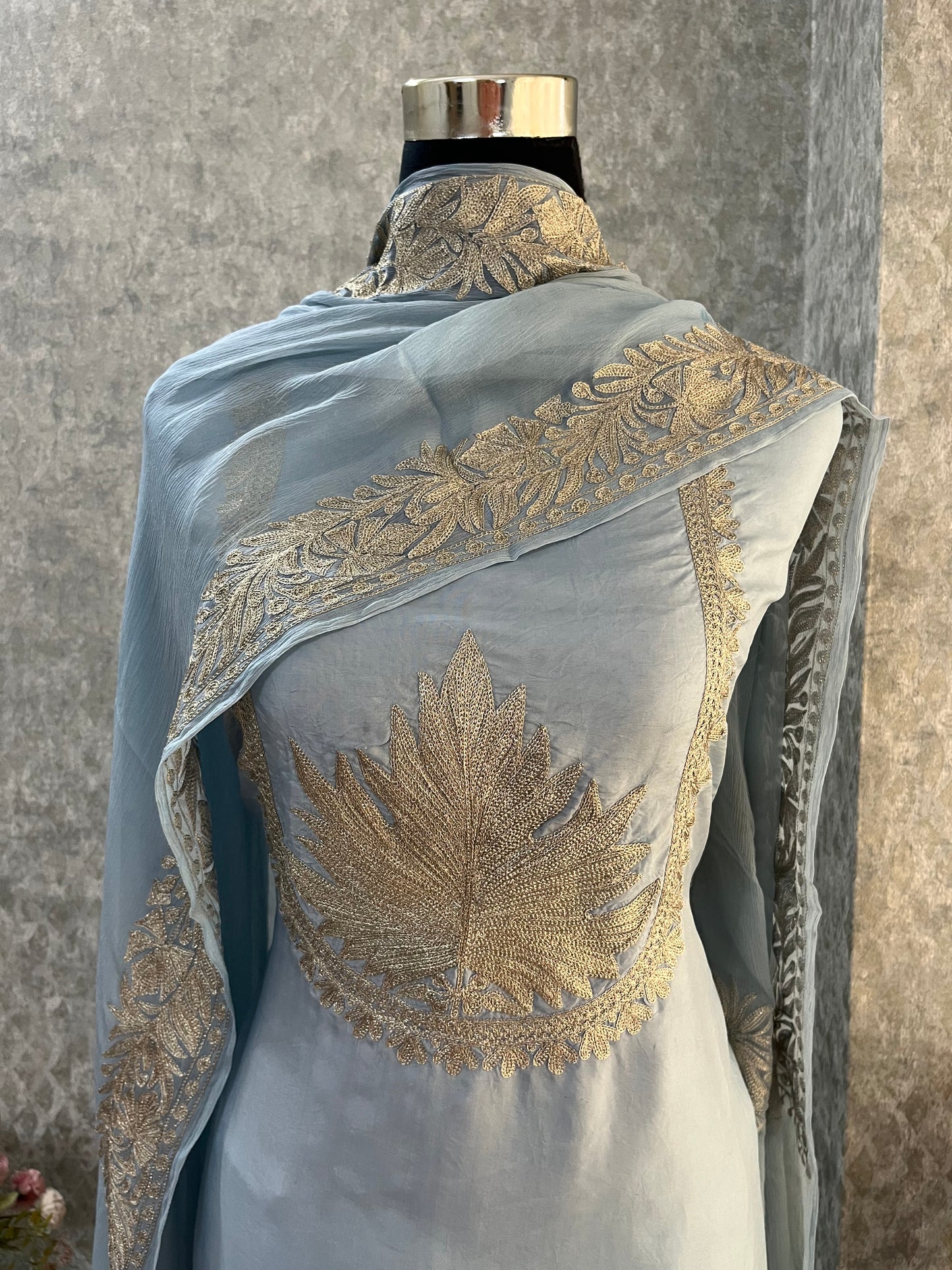 Ice Blue Sanam’ Tilla Kashmiri Silk Suit