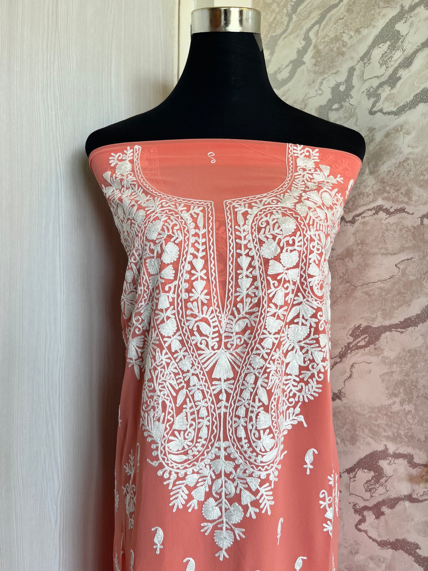 Georgette Peach All over Work Aari Embroidered Unstitched Kurta Material