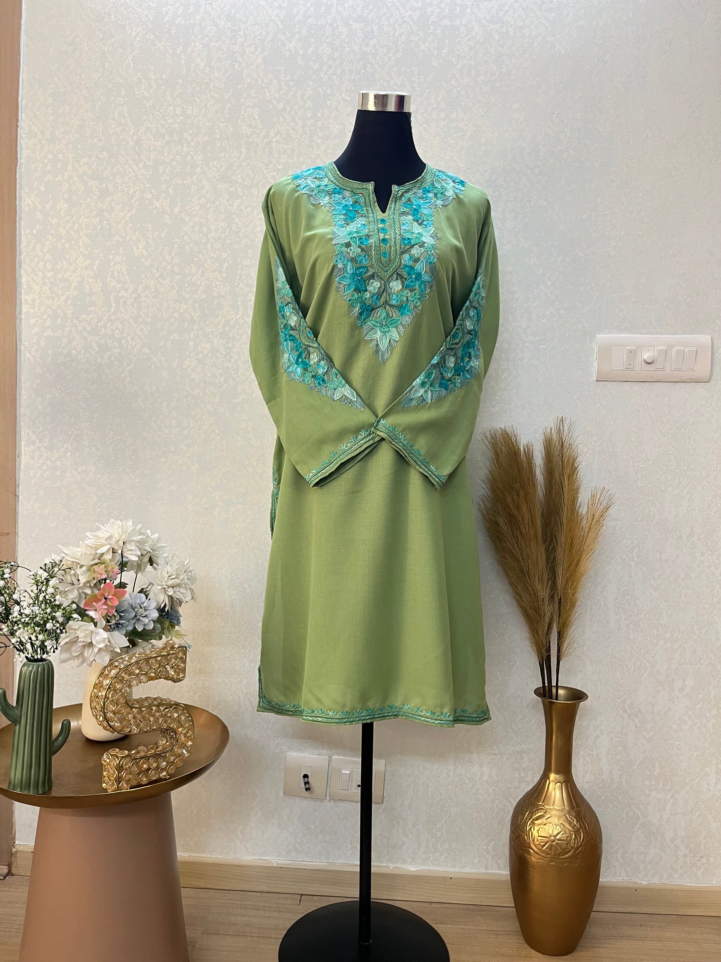Green Cotton Aari Work Kurta