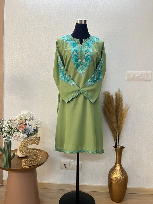 Green Cotton Aari Work Kurta