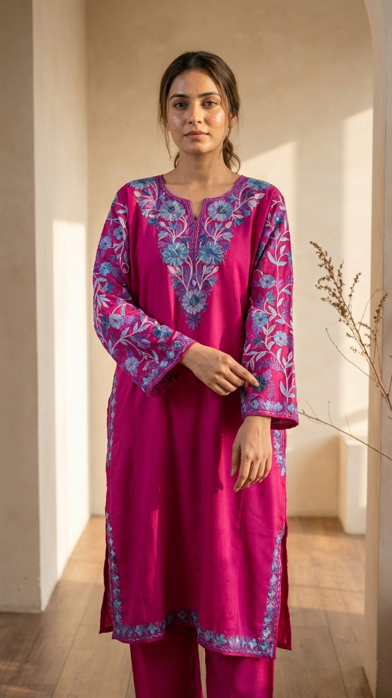 Hot Pink Cotton Arm Jaal Pheran Set