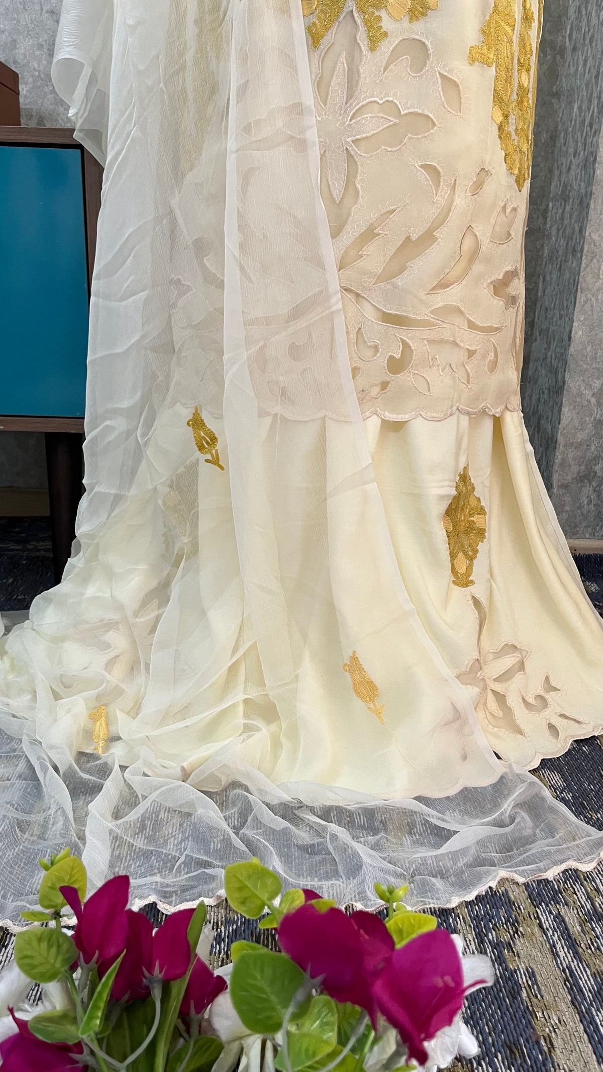 Ivory Pure Organza Cut Work Kashmiri Suit