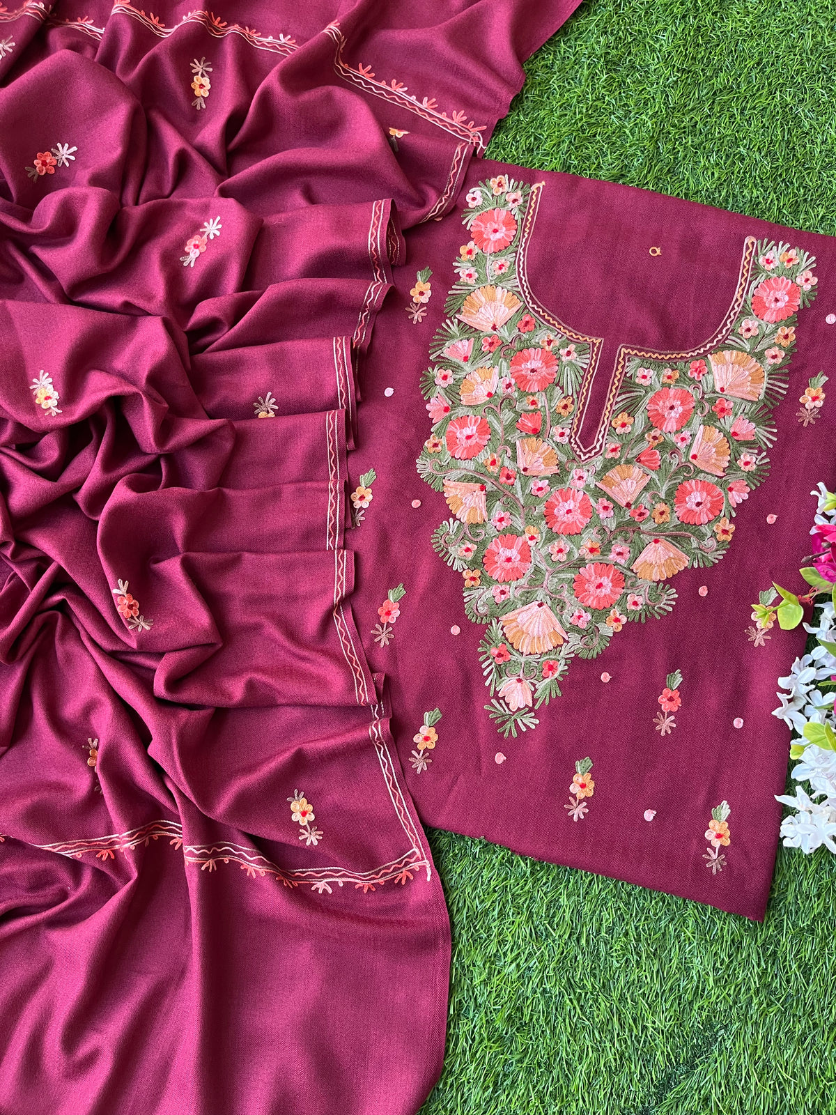 Wine Woollen Aari Embroidered 3pc suit
