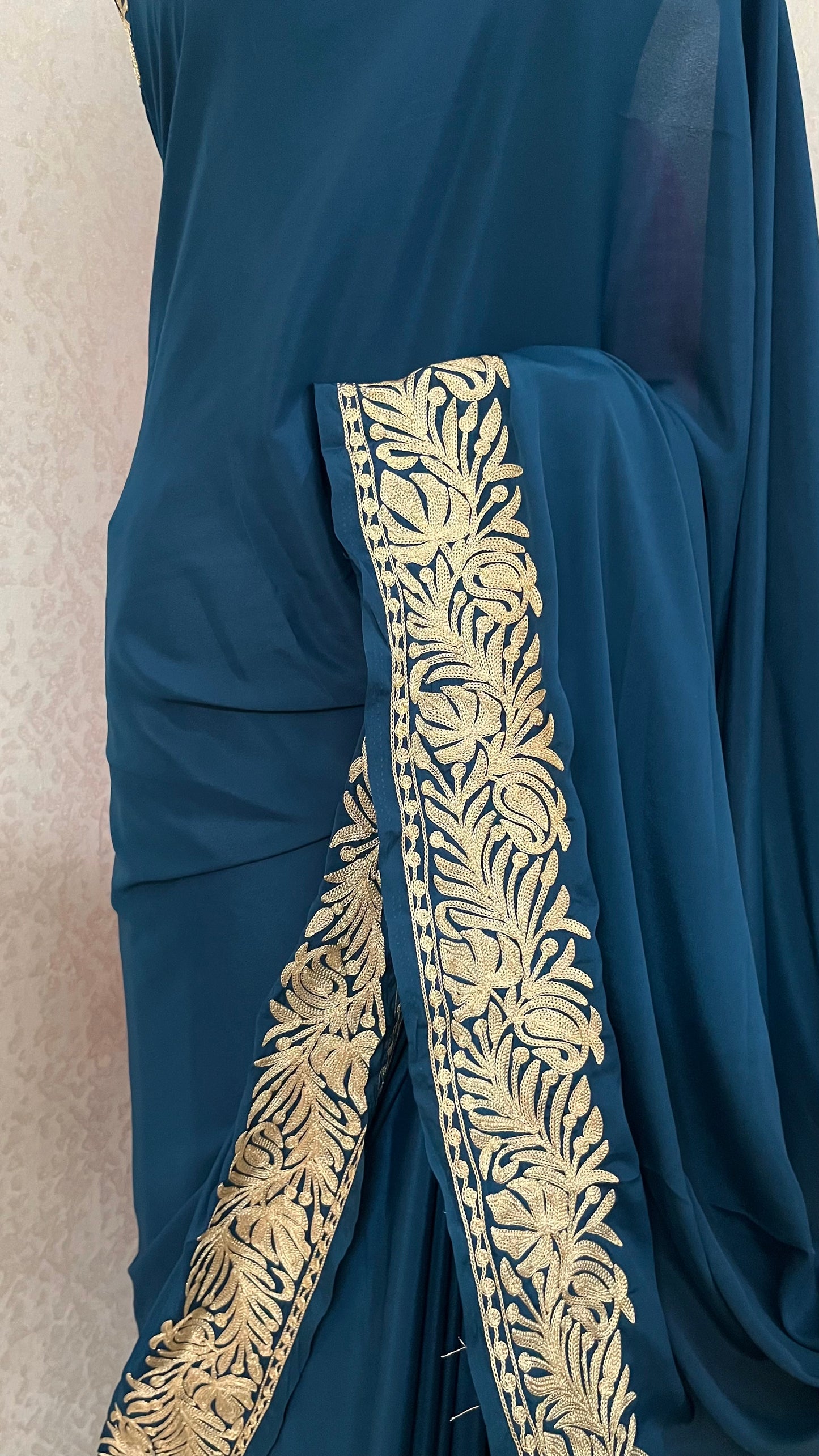 Teal Blue Crape Kashmiri Tilla Saree