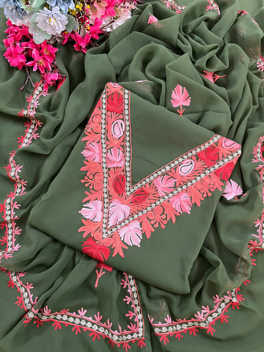 Green Georgette 3 Pc Aari Embroidered Suit Set
