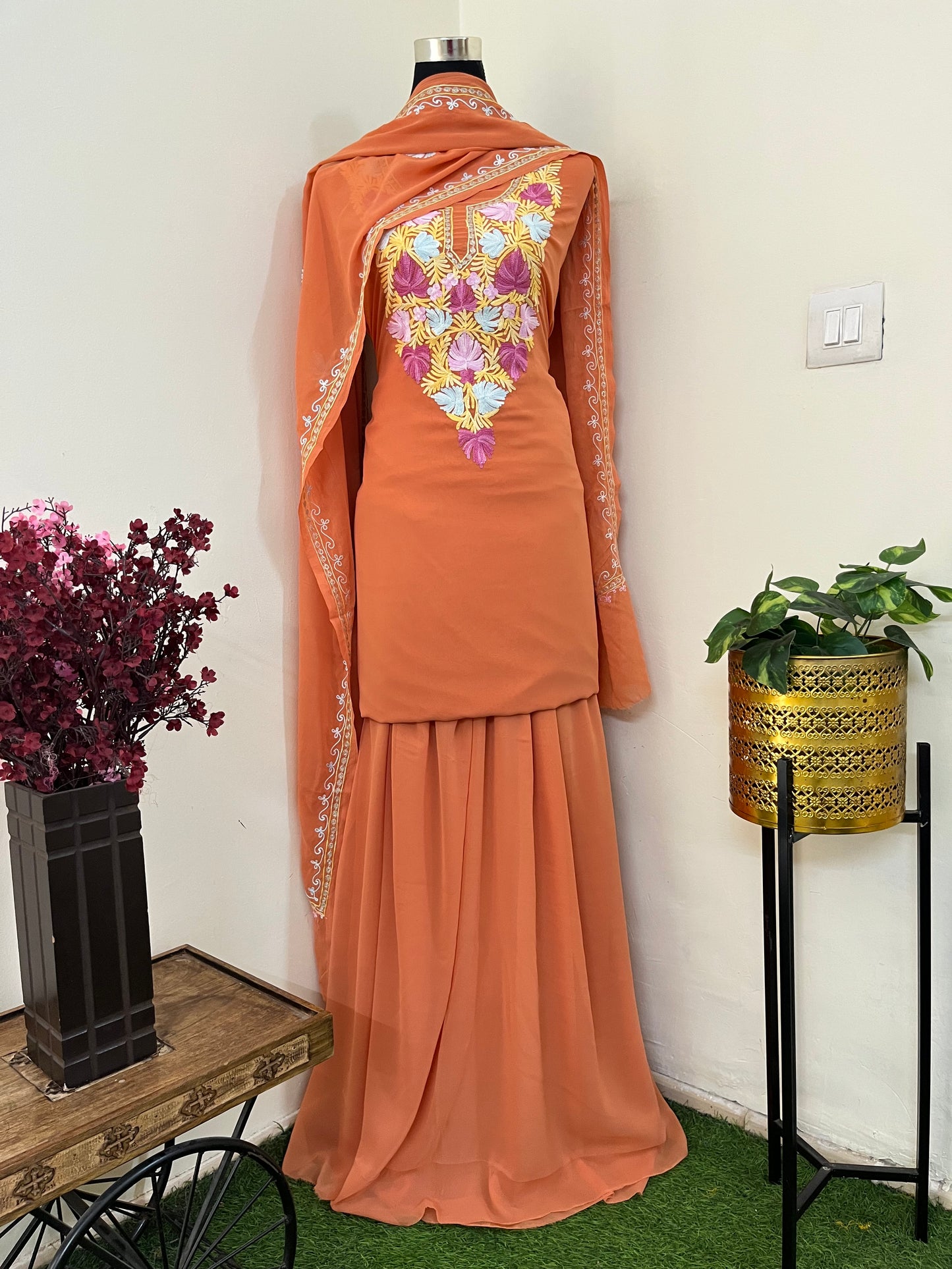 Soft Orange Georgette 3 Pc Aari Embroidered Suit Set