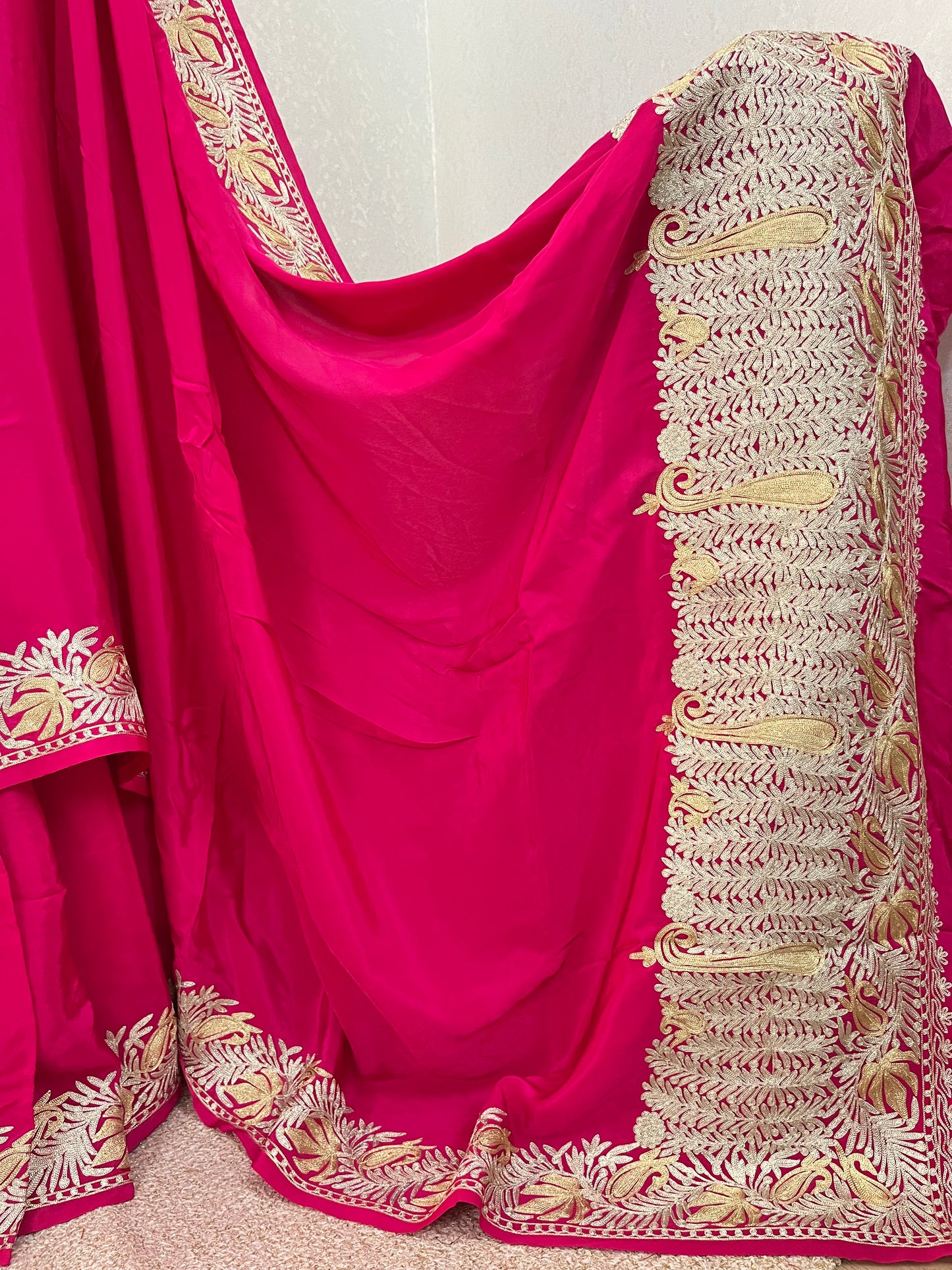 Hot Pink Crape Kashmiri Tilla Saree