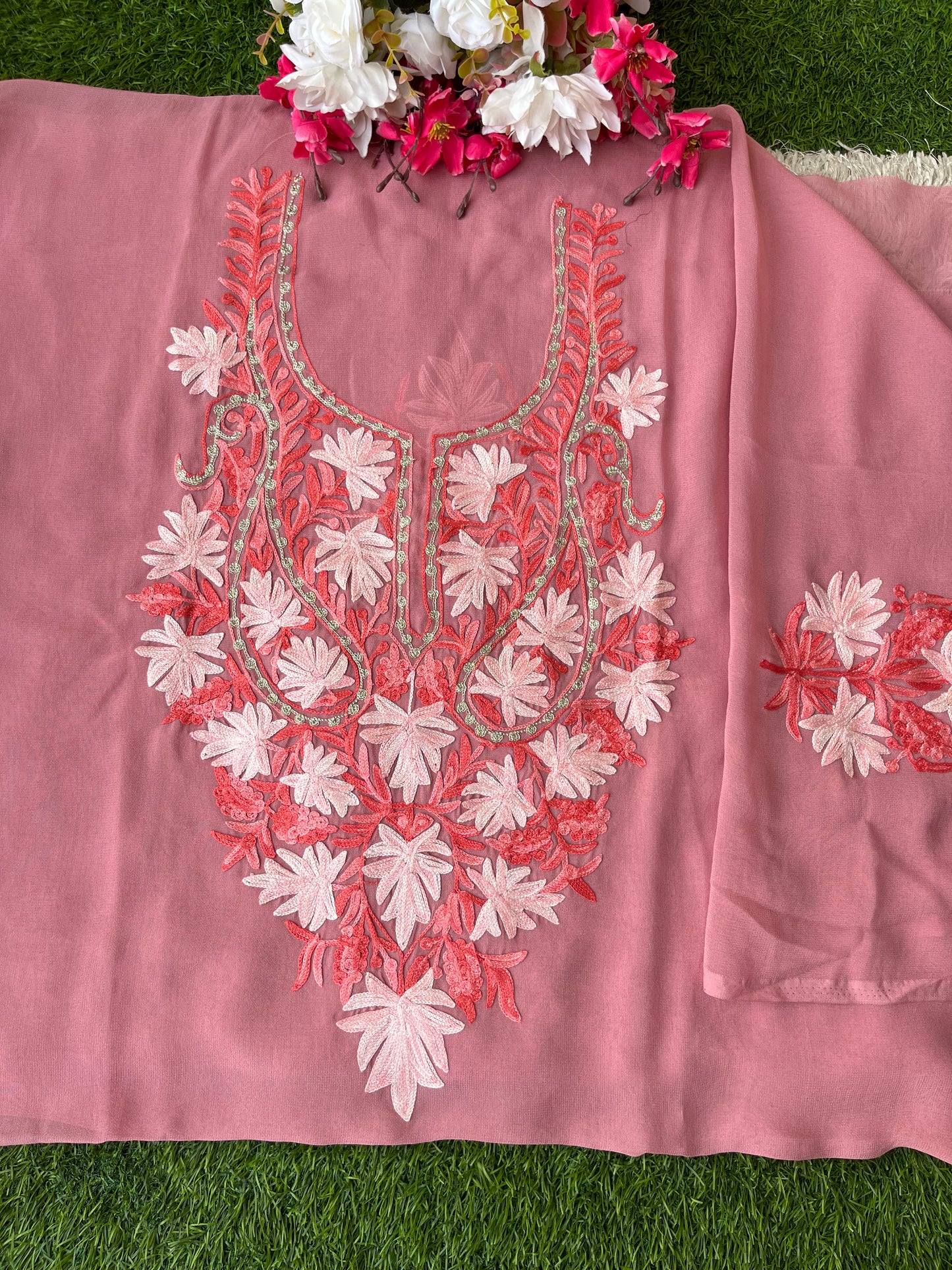 Onion Pink Georgette Kashmiri Kurta Material