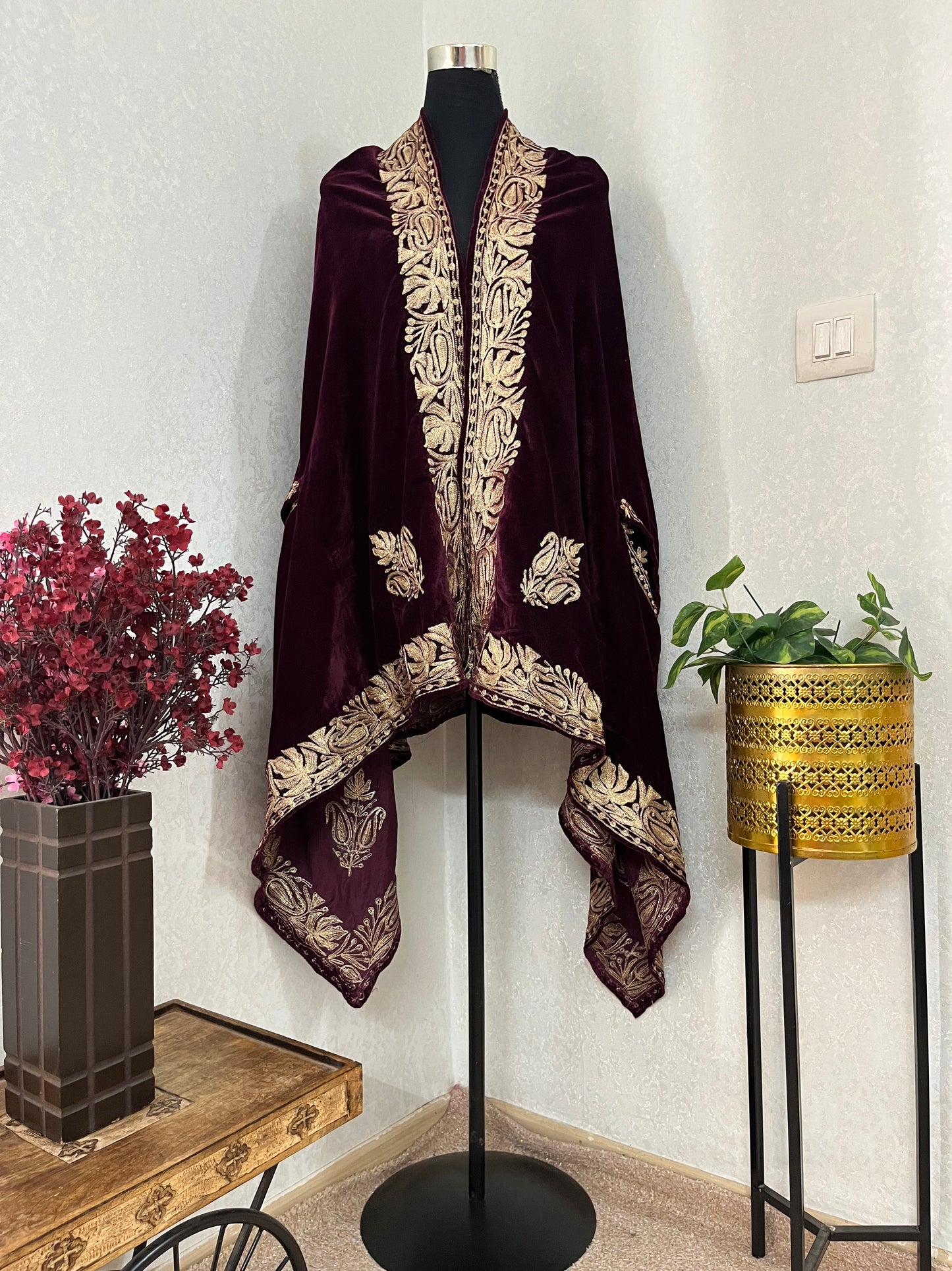 Wine Tilla Embroidered Velvet Cape