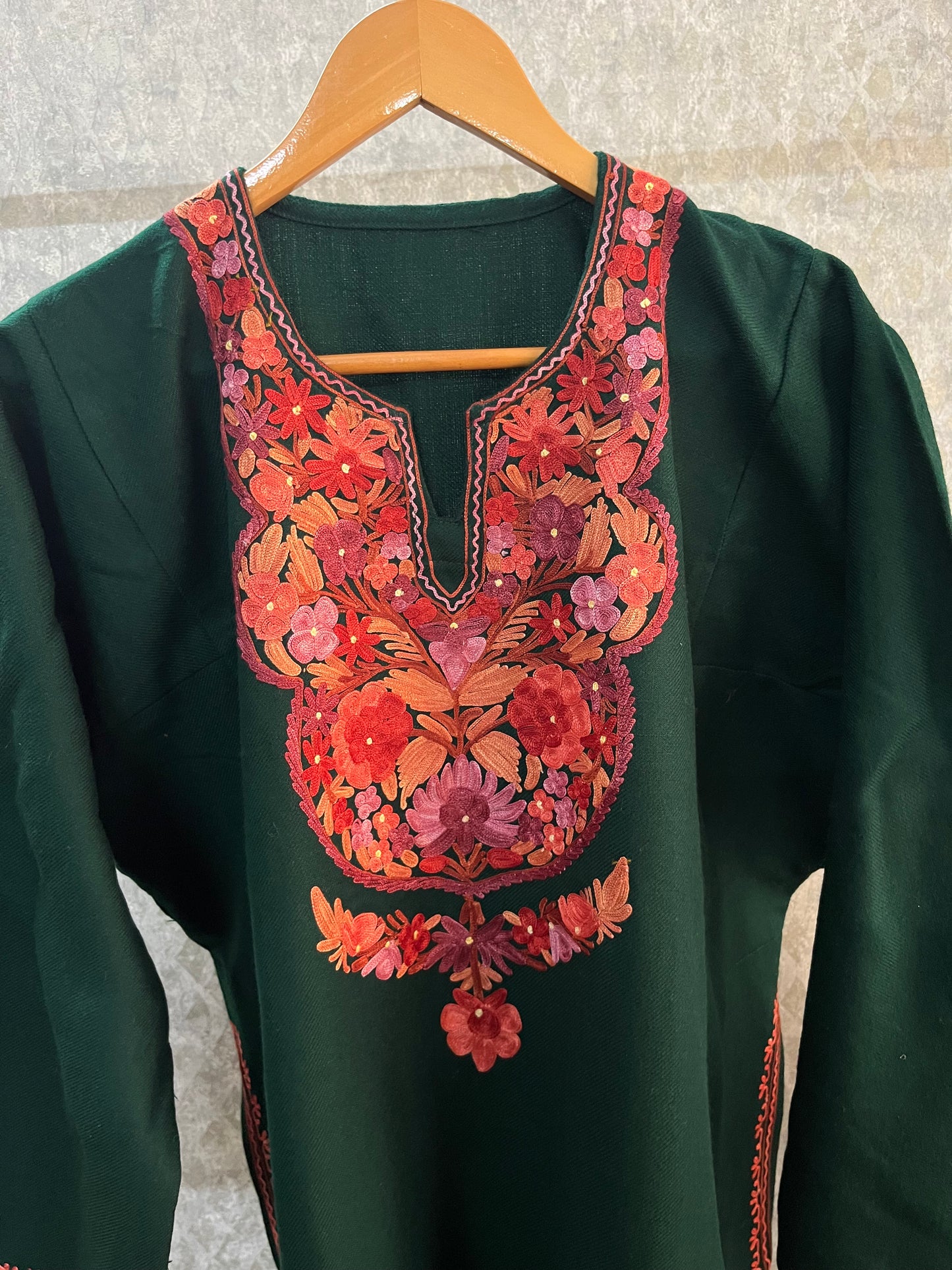 Green Aari Embroidered Wool Pheran