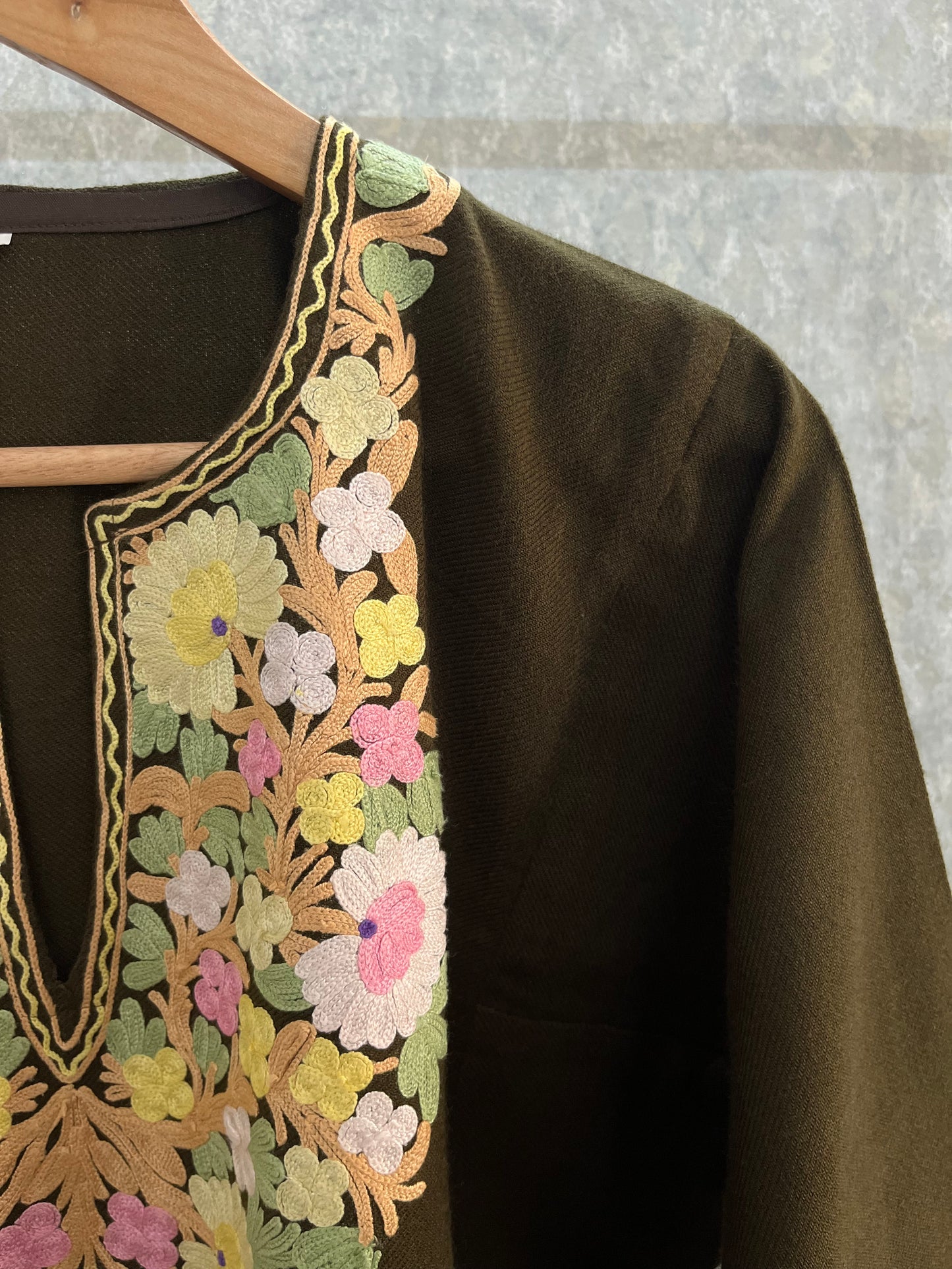 Army Green Aari Embroidered Wool Pheran