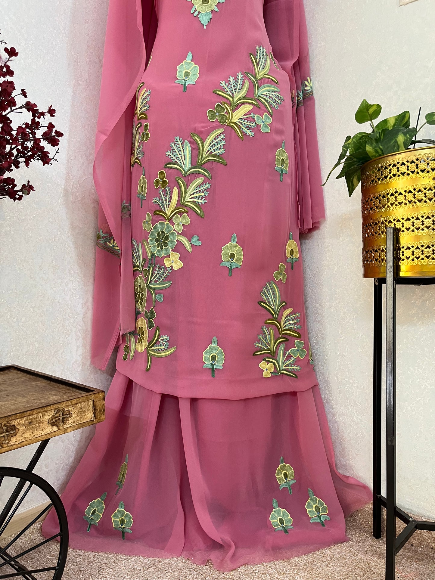 Onion Pink Georgette 3 Pc Aari Embroidered Suit