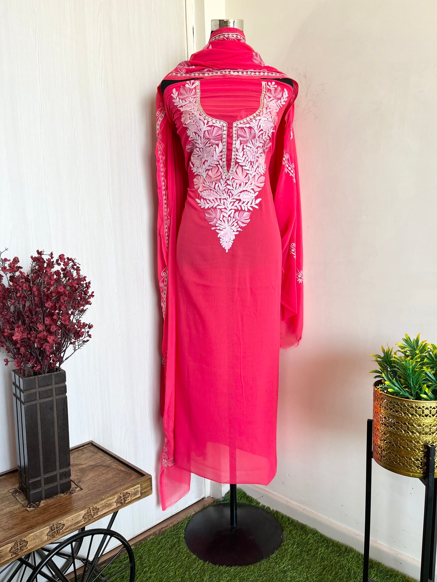 Pink Georgette Shirt and Dupatta Aari Embroidered Suit