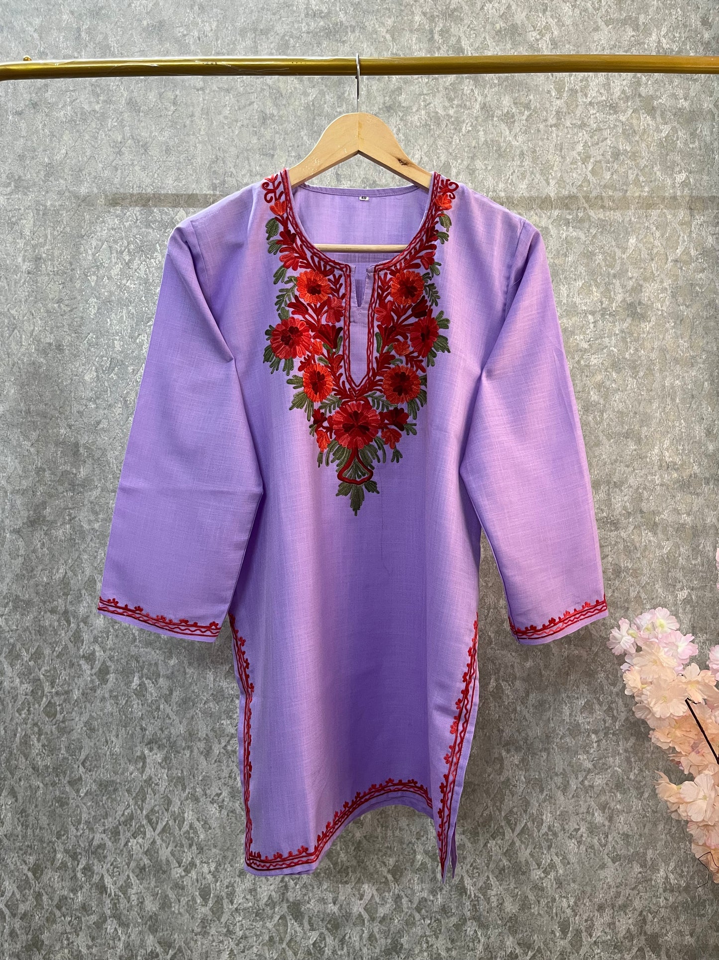 Lavender Cotton Aari Work Kurti