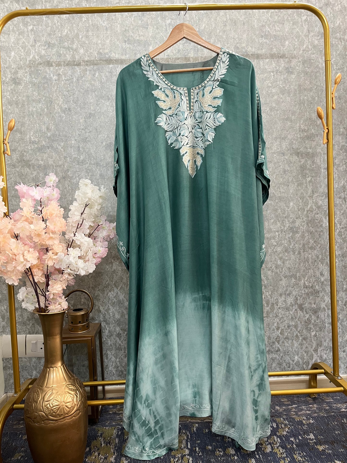 Green Pure Muslin Cotton Kashmiri Kaftan