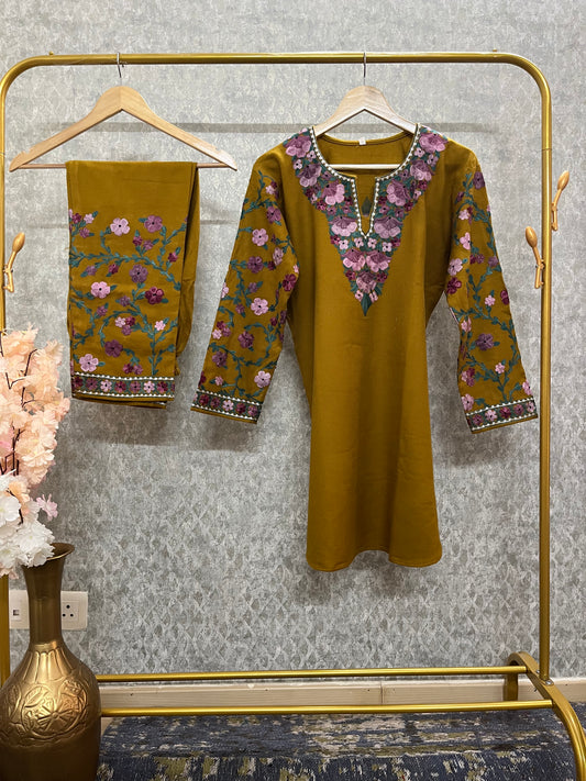 Mustard Brown Woollen Kashmiri Co-Ord Set ( Size 42 )