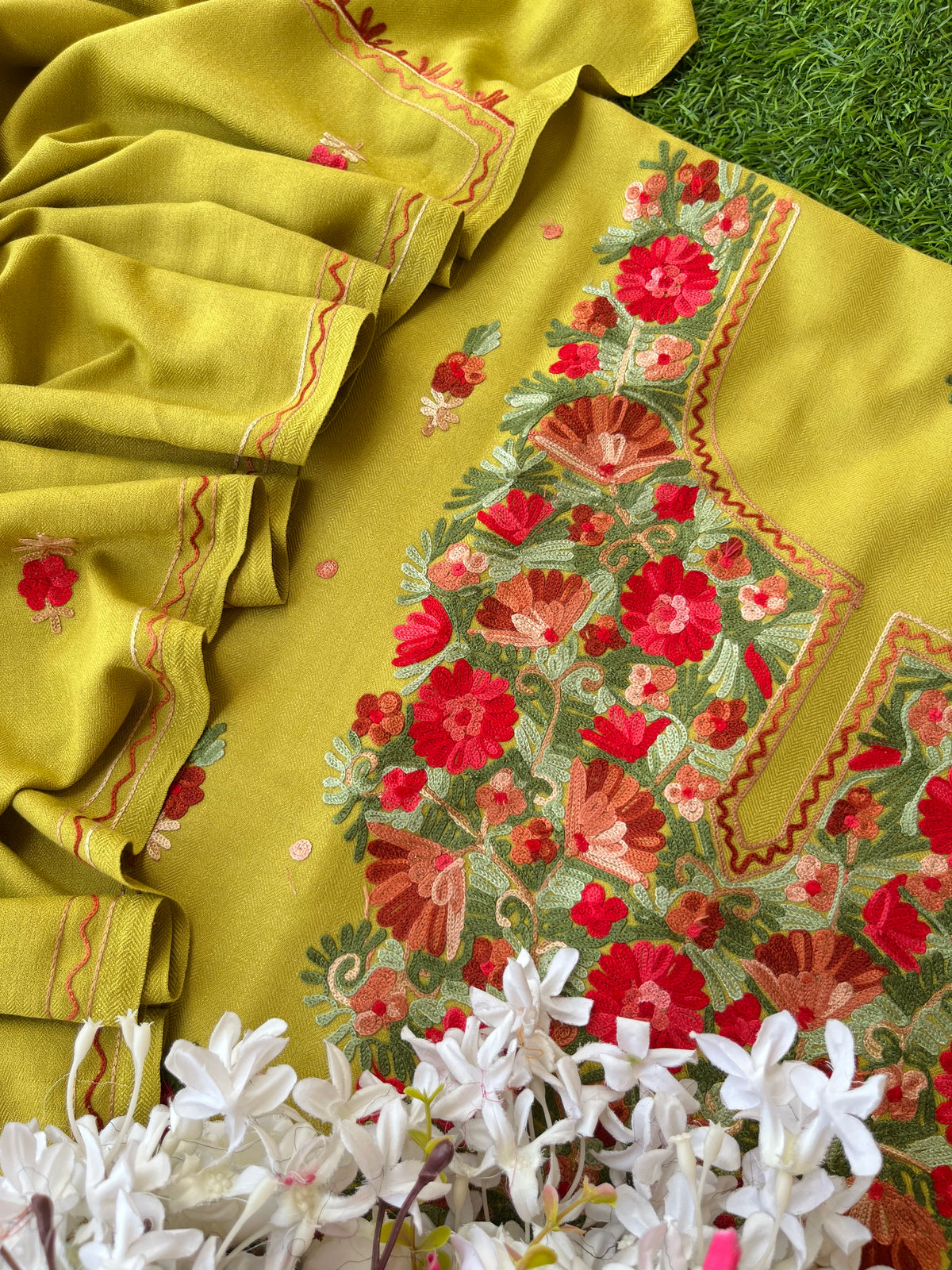 Lemon Green Woollen Aari Embroidered 3pc suit