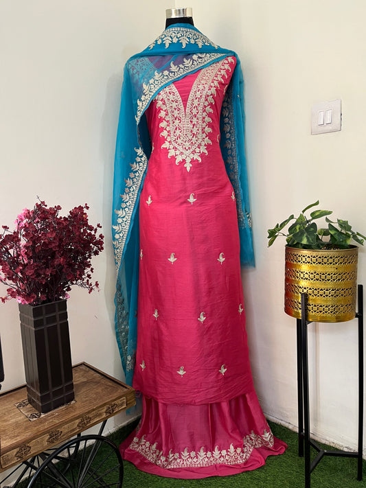 Fuchsia Pink Chanderi Silk Kashmiri Suit