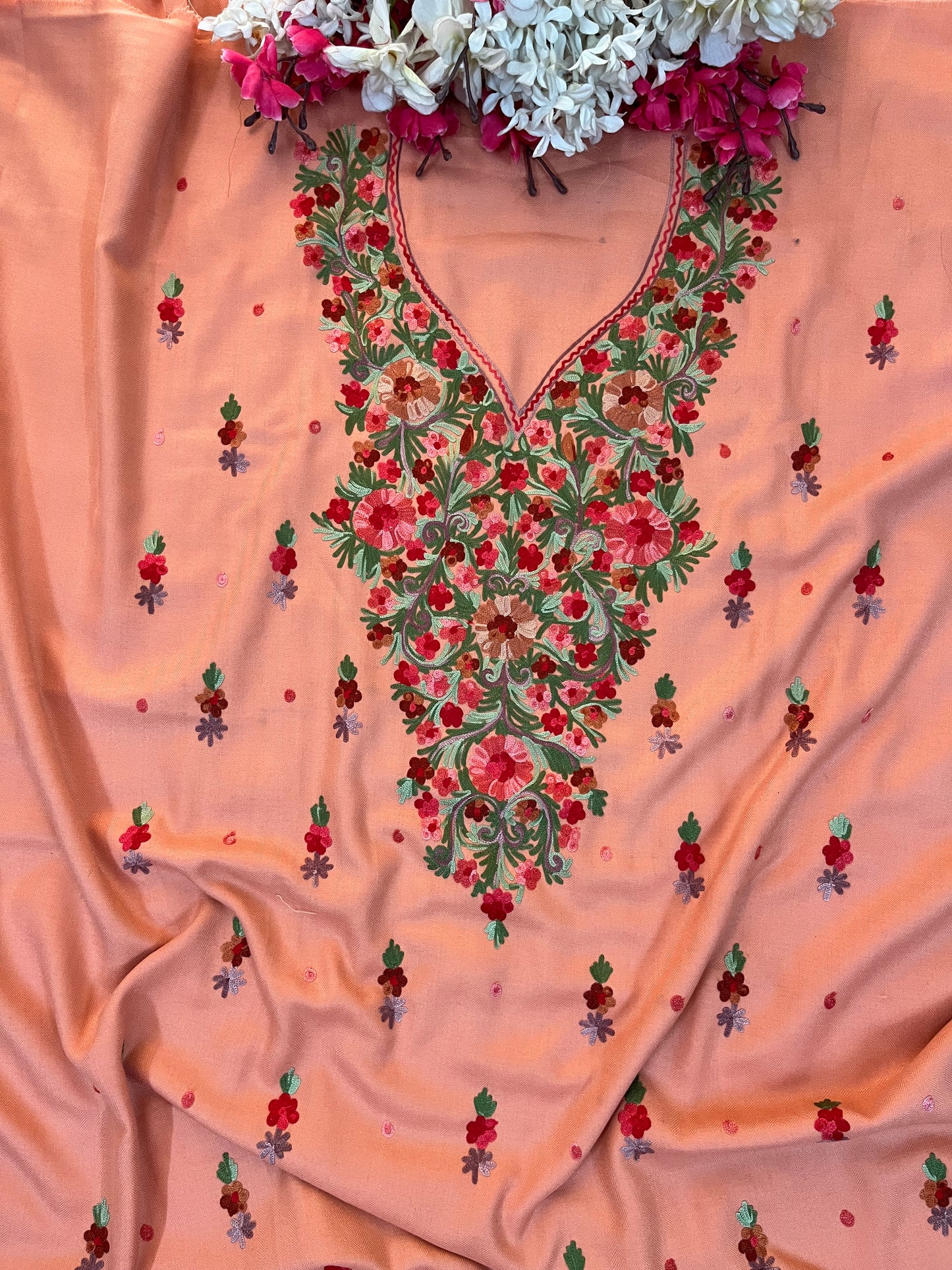 Peach Woollen Aari Embroidered 3pc suit