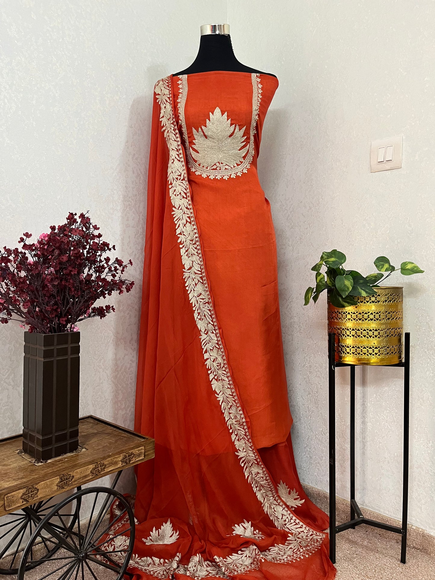 Orange Rust Sanam’ Tilla Kashmiri Silk Suit