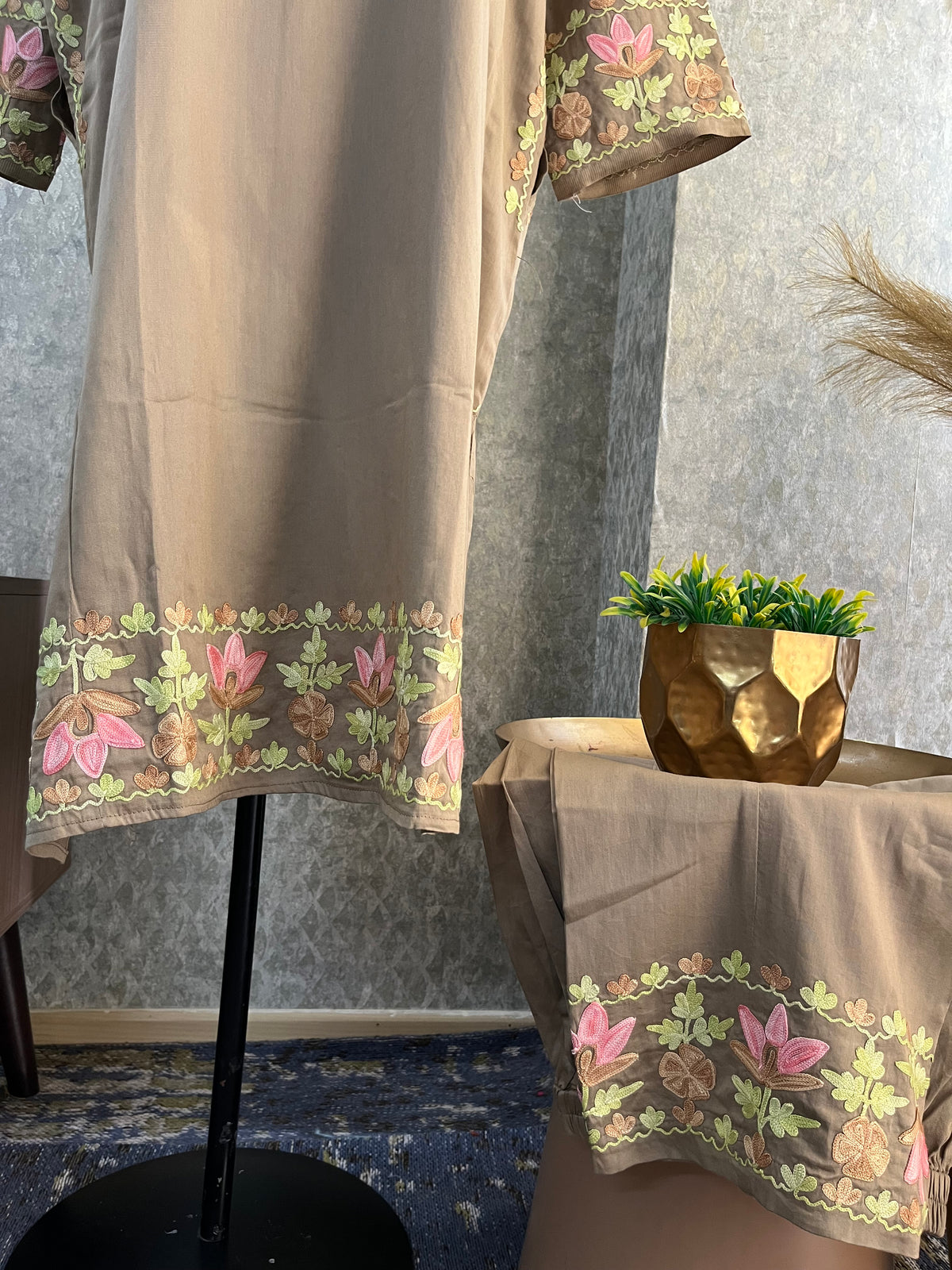 Beige Cotton Front Jaal Pheran Set  Size(44)