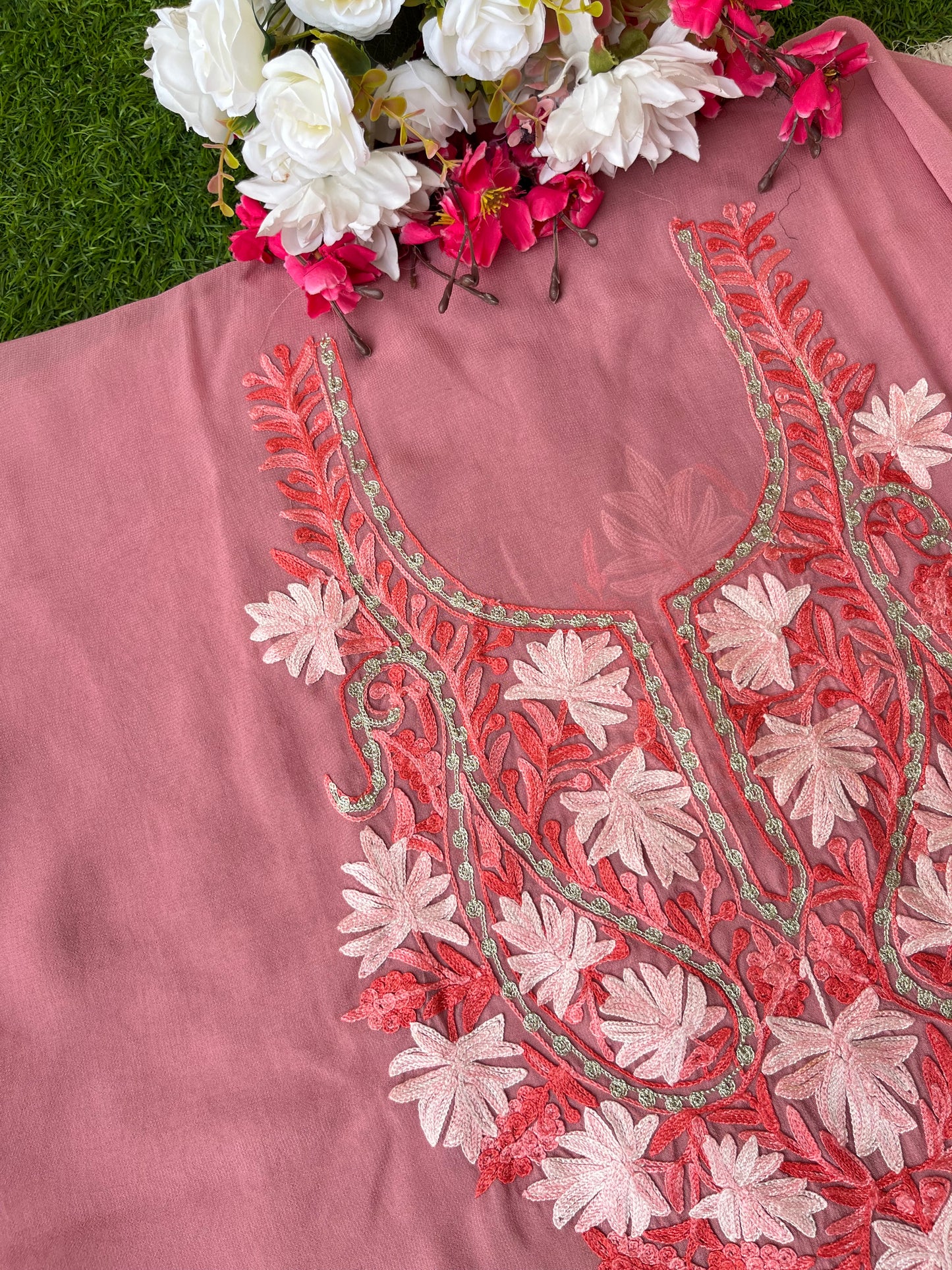 Onion Pink Georgette Kashmiri Kurta Material
