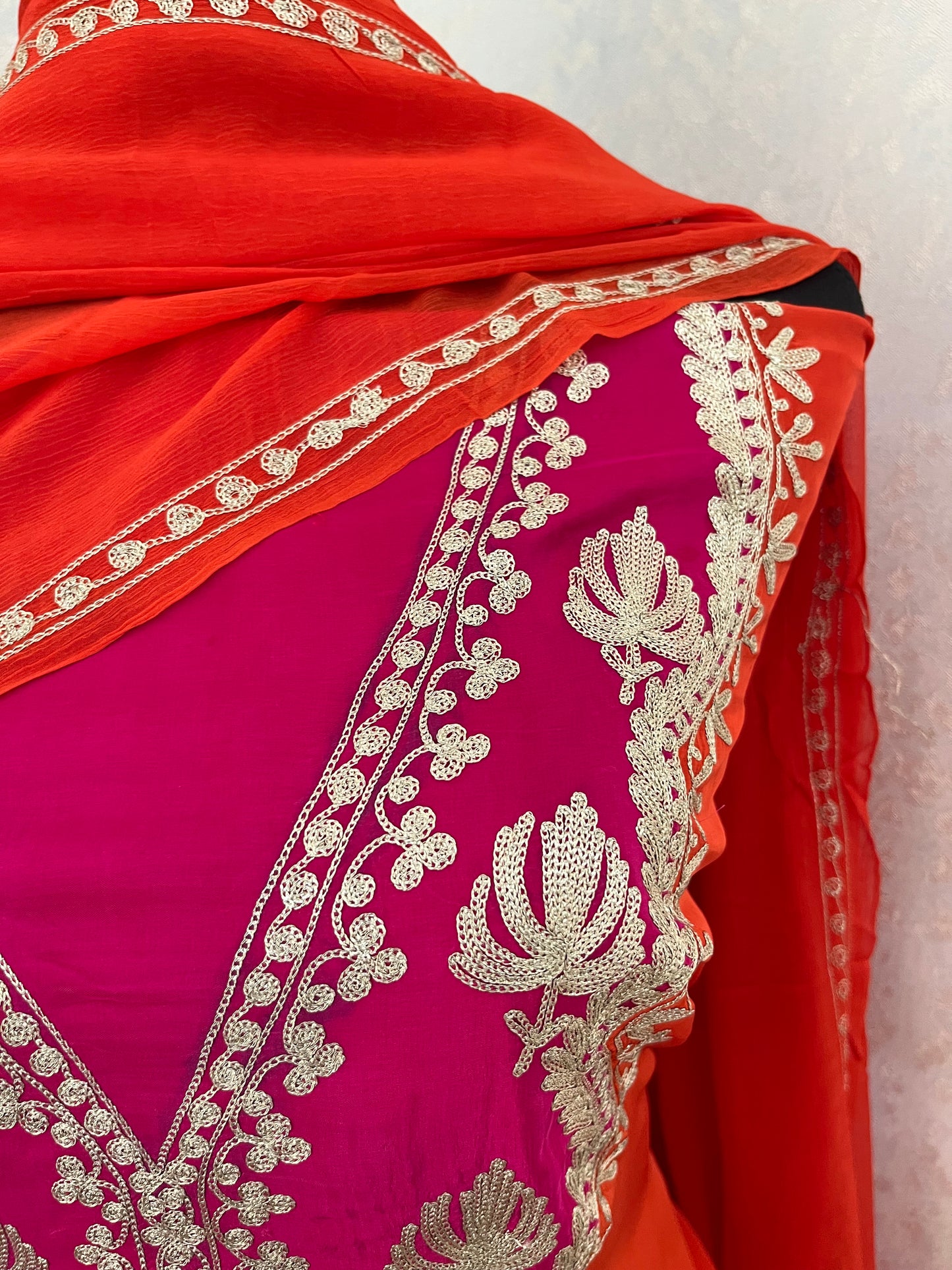 Orange Crape Kashmiri Suit with Clutch