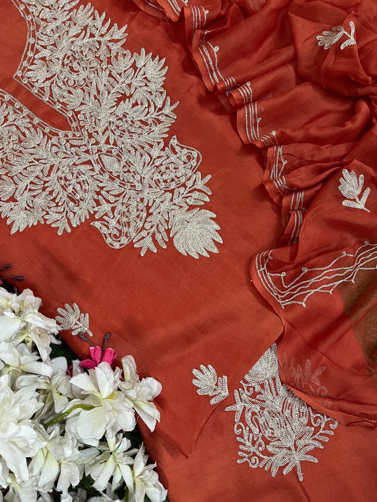 Soft Orange Silk Tilla Kashmiri Suit