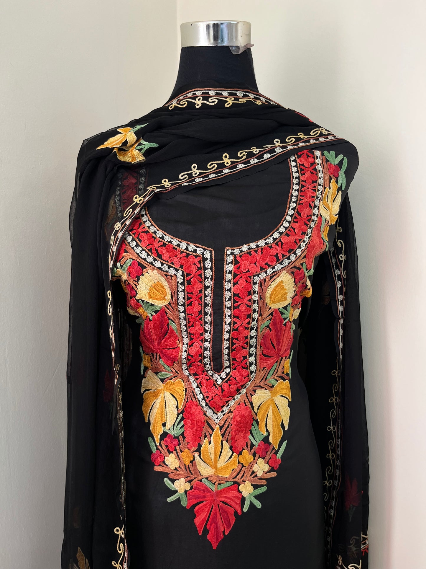 Black Opada Silk Aari Embroidered Suit material