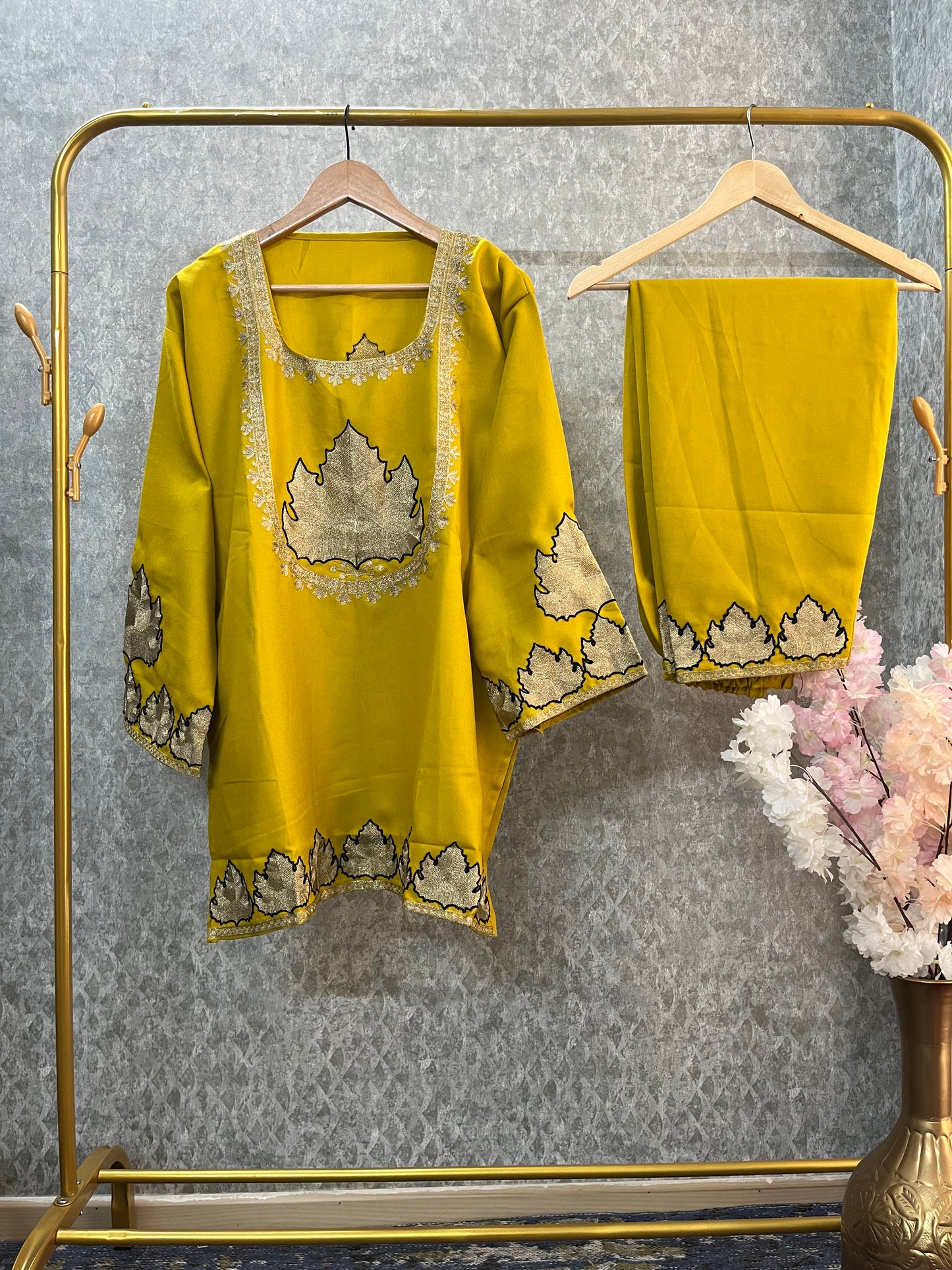 Yellow Woollen Kashmiri Co-Ord Set ( Size 44)
