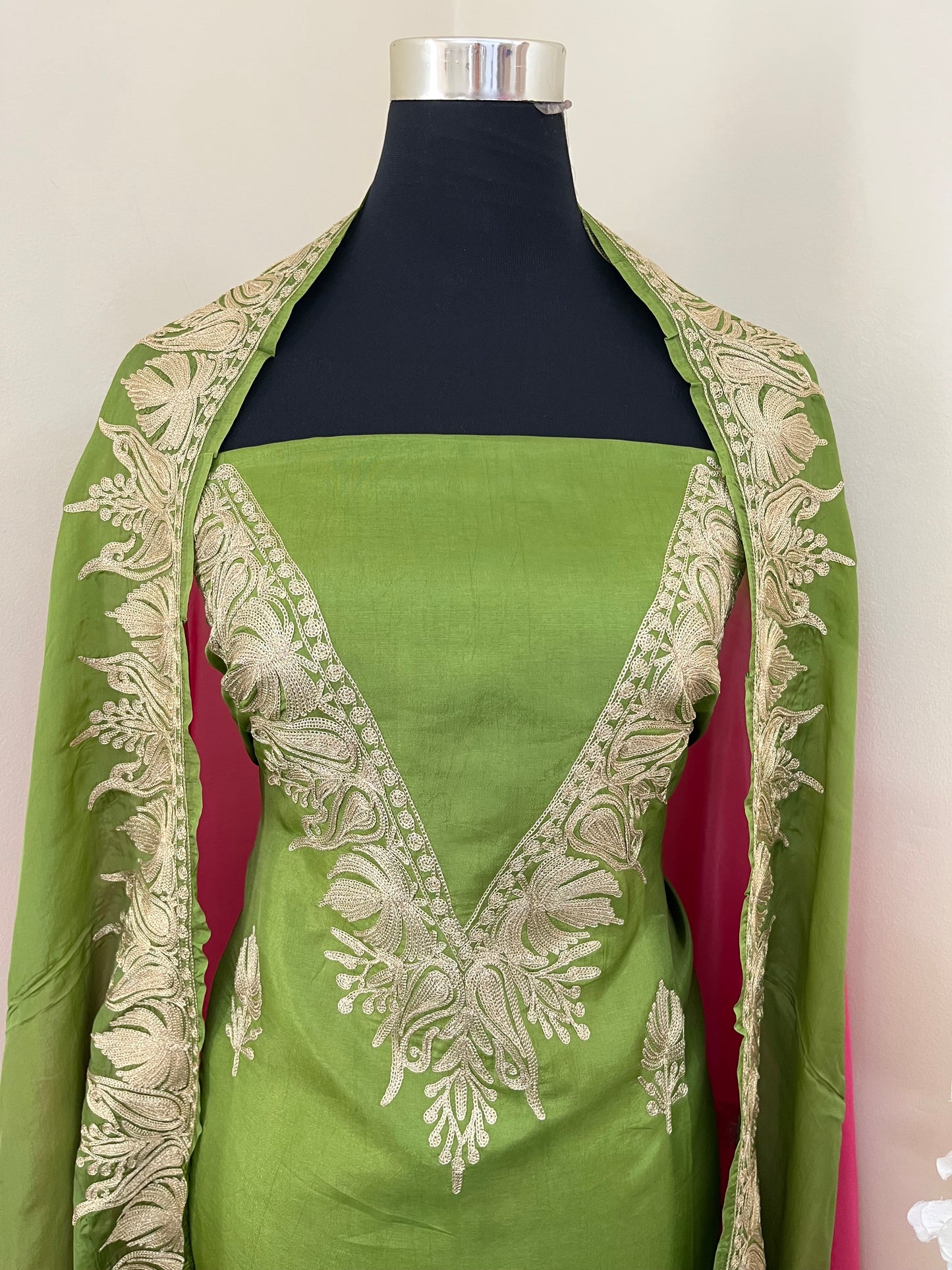 Sanam Henna Green Silk Kashmiri Suit