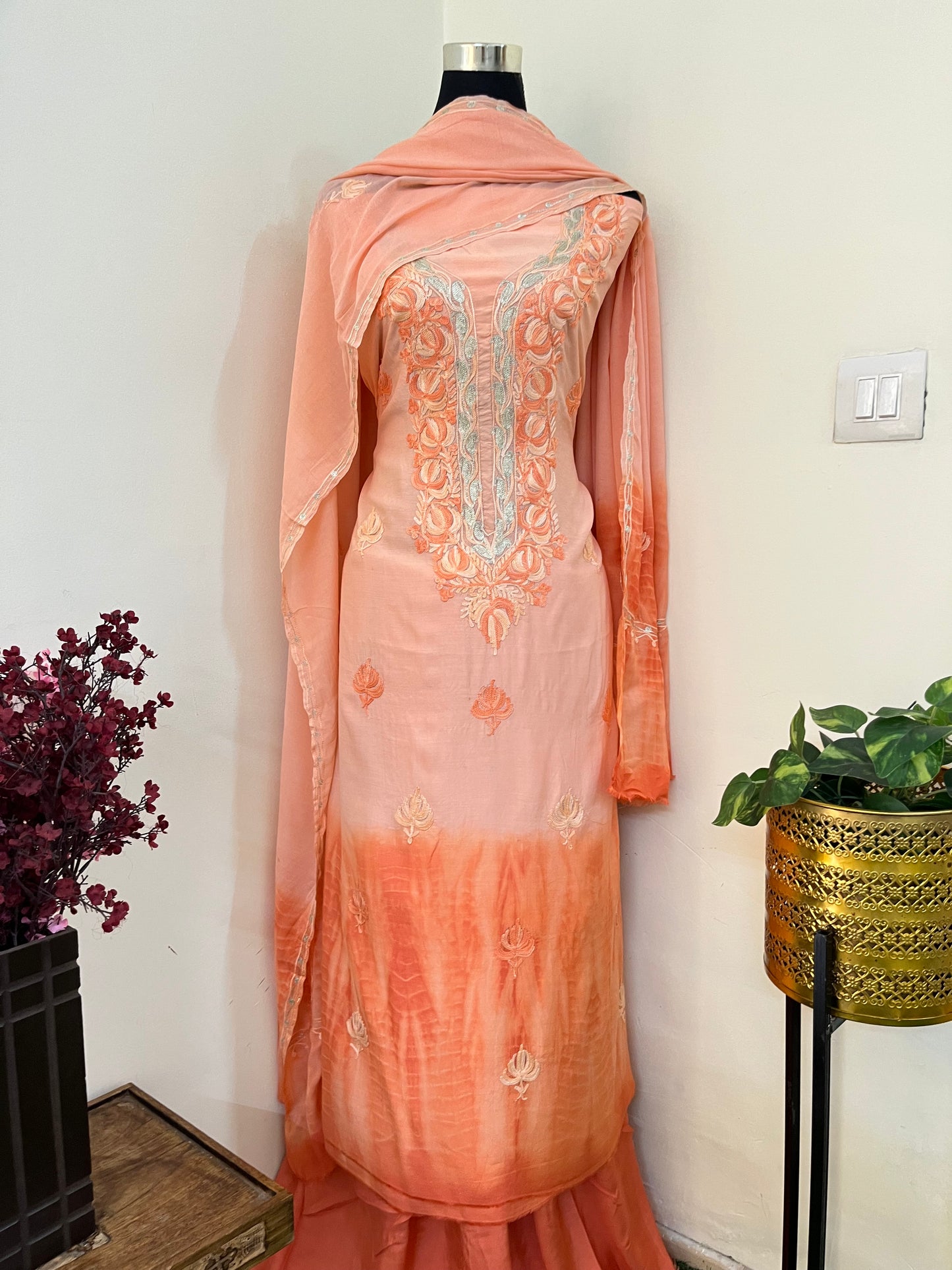 Soft Orange Mul Cotton Shibori Work Kashmiri 3pc Suit